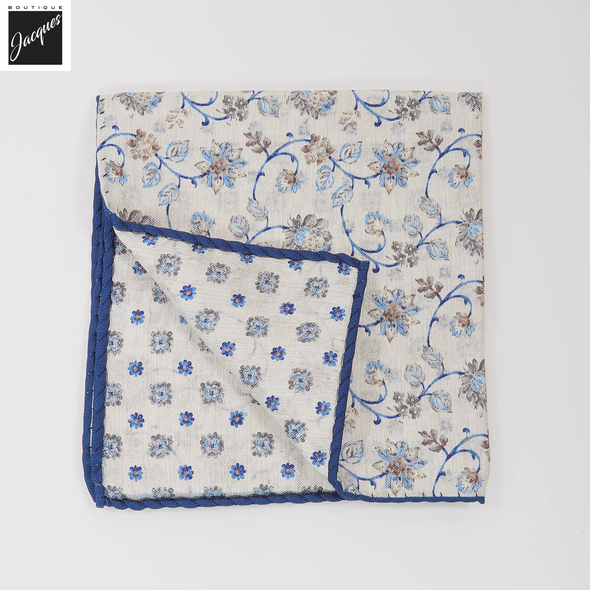 Beige & Blue Floral Reversible Silk Pocket Square - DION