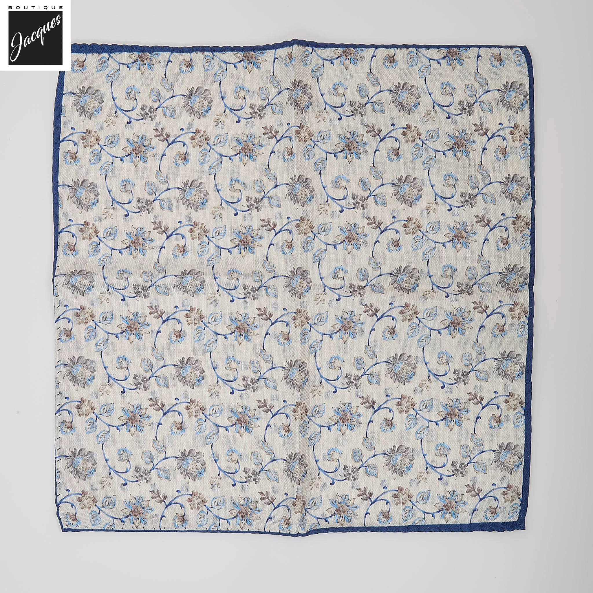 Beige & Blue Floral Reversible Silk Pocket Square - DION - Image 2