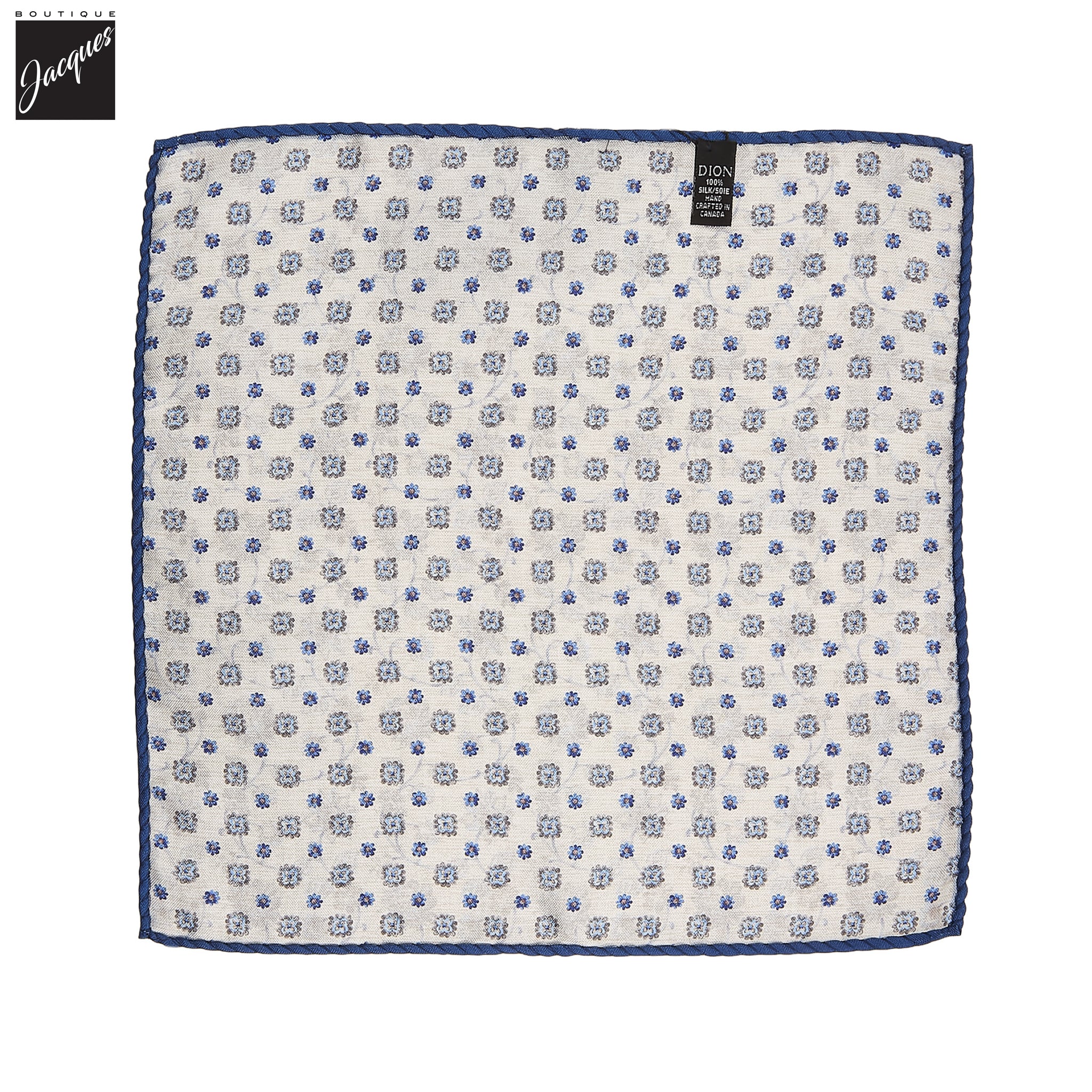 Beige & Blue Floral Reversible Silk Pocket Square - DION - Image 3