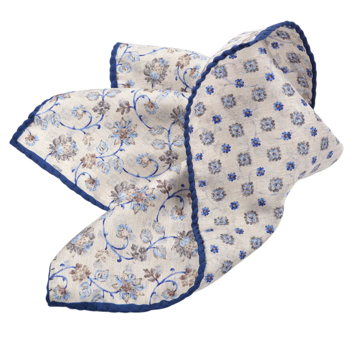 Beige & Blue Floral Reversible Silk Pocket Square - DION - Image 4