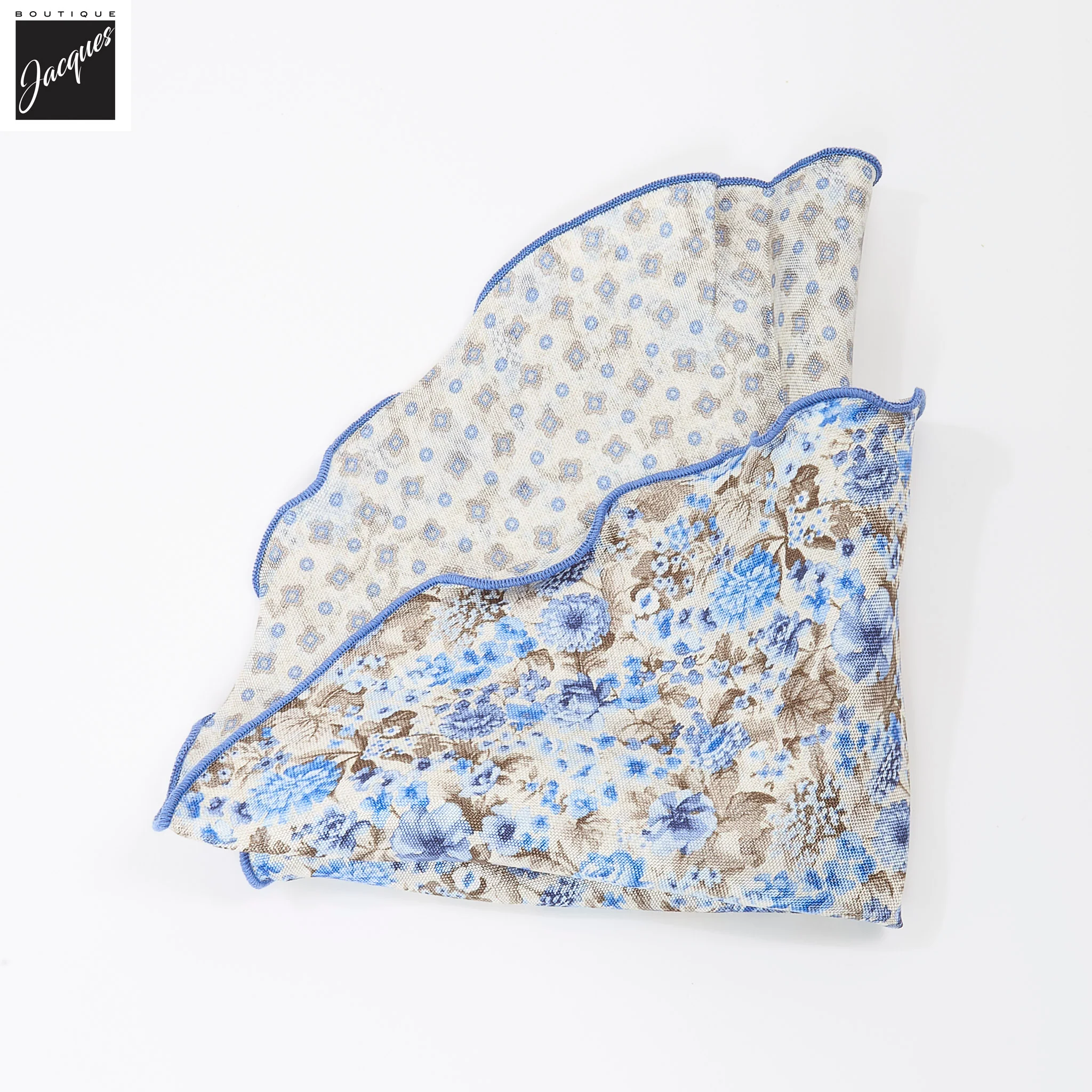Beige & Blue Flower/Medallion Reversible Silk Pocket Round - DION
