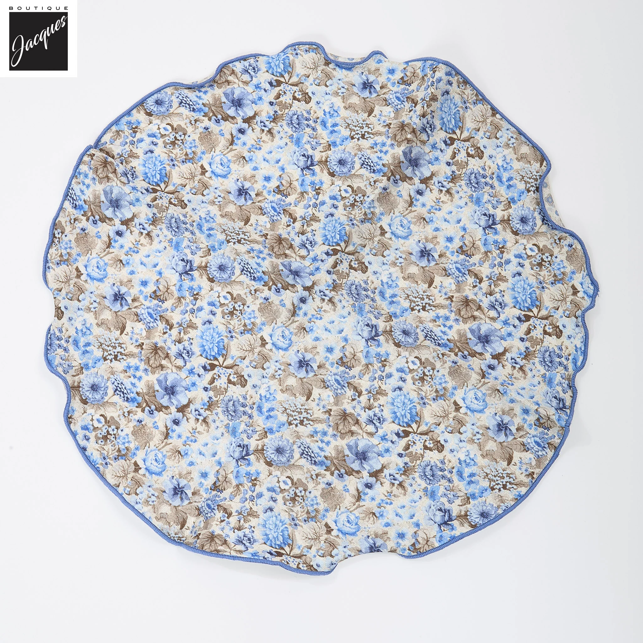 Beige & Blue Flower/Medallion Reversible Silk Pocket Round - DION - Image 2