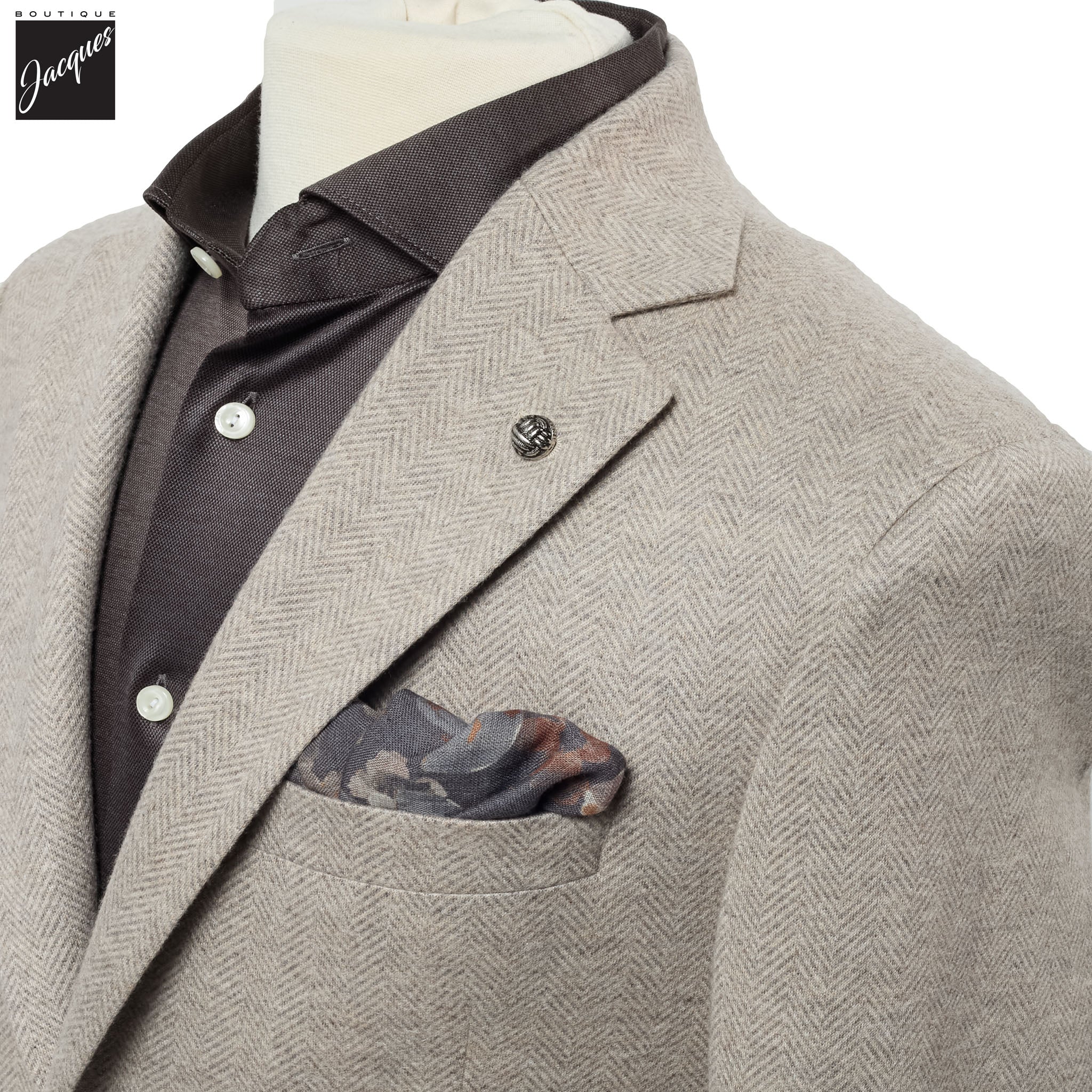 Beige Herringbone Cashmere Silk Hartford Contemporary Fit Unconstructed Sport Jacket - Jack Victor - Image 2
