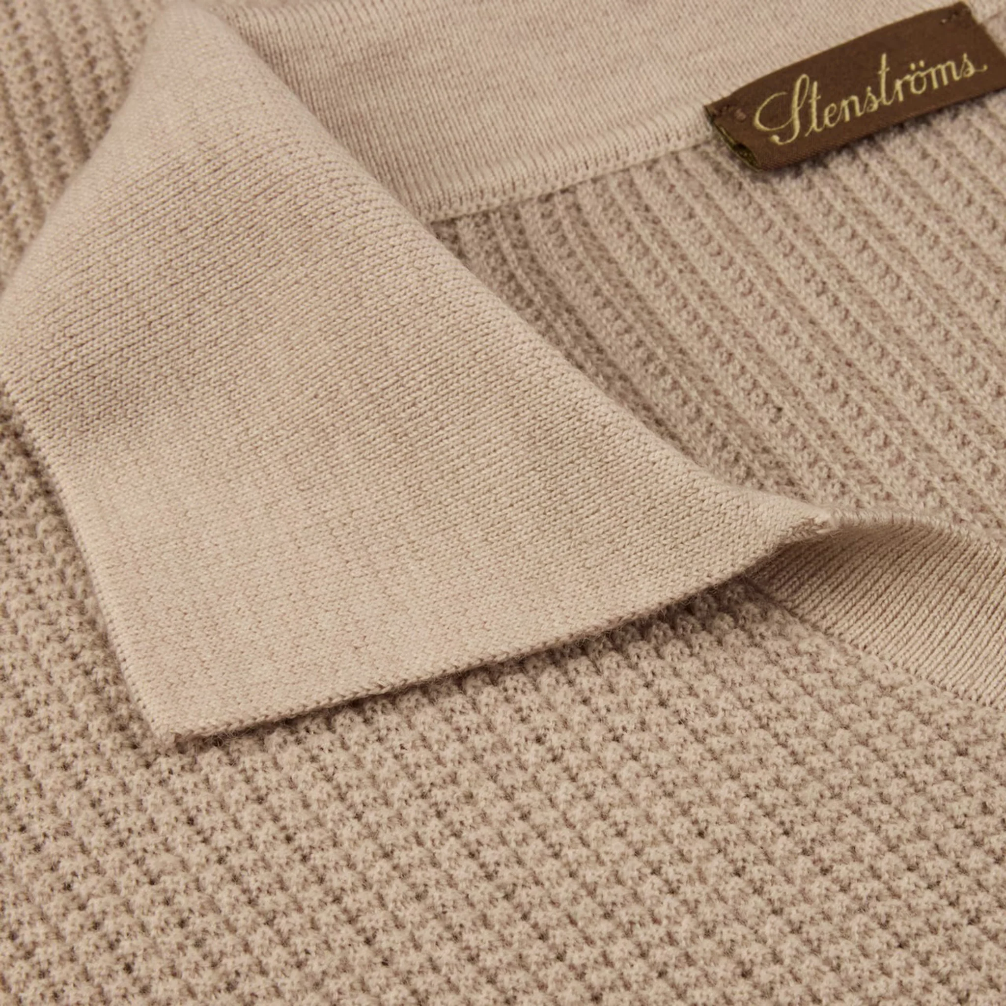 Beige Knitted Merino Wool Open Collar Polo Shirt - Stenströms - Image 3