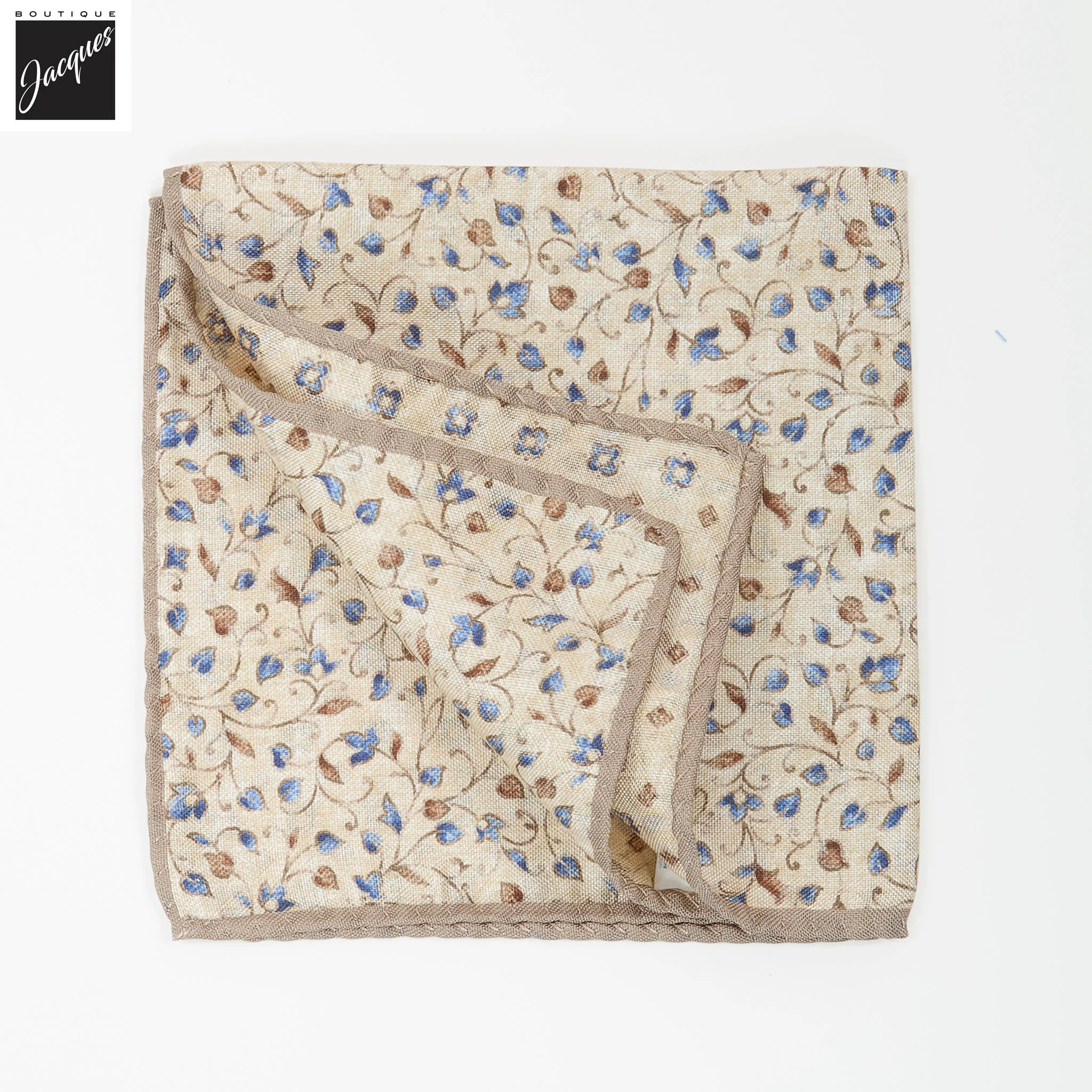 Beige Leafy Floral/Medallion Reversible Silk Pocket Square - DION