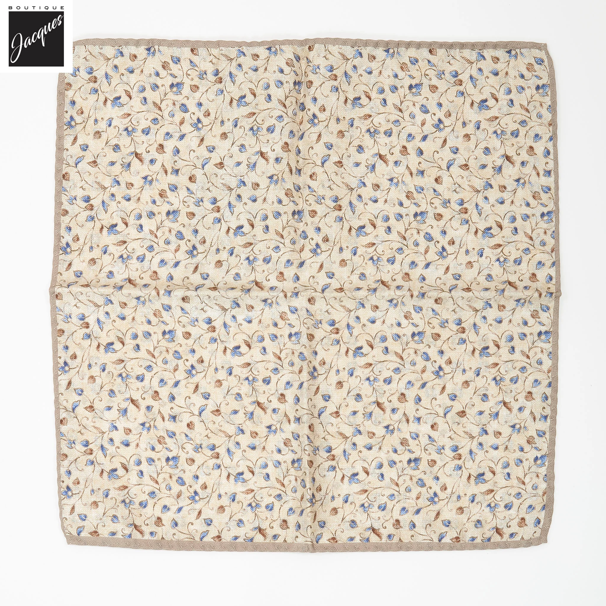 Beige Leafy Floral/Medallion Reversible Silk Pocket Square - DION - Image 2