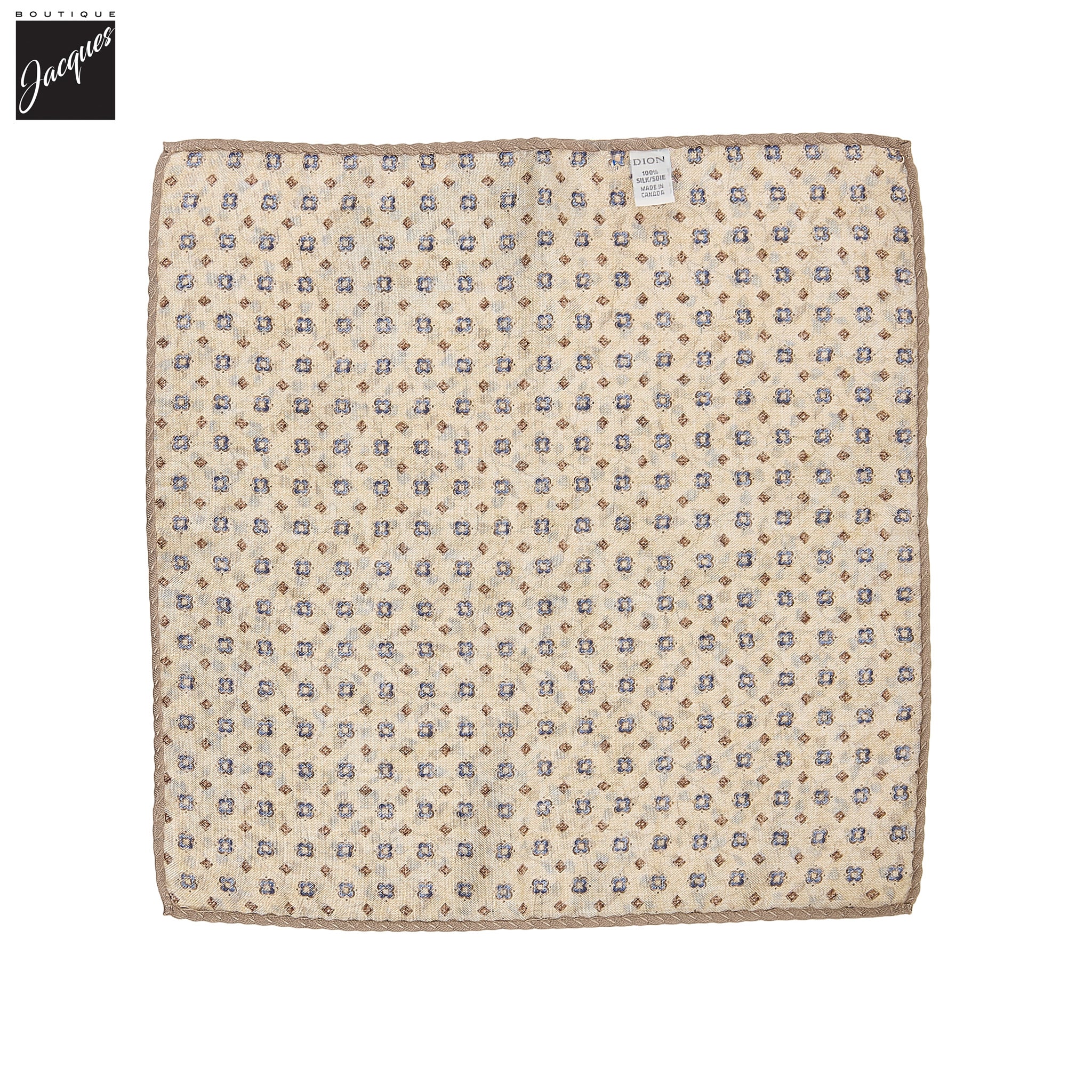 Beige Leafy Floral/Medallion Reversible Silk Pocket Square - DION - Image 3