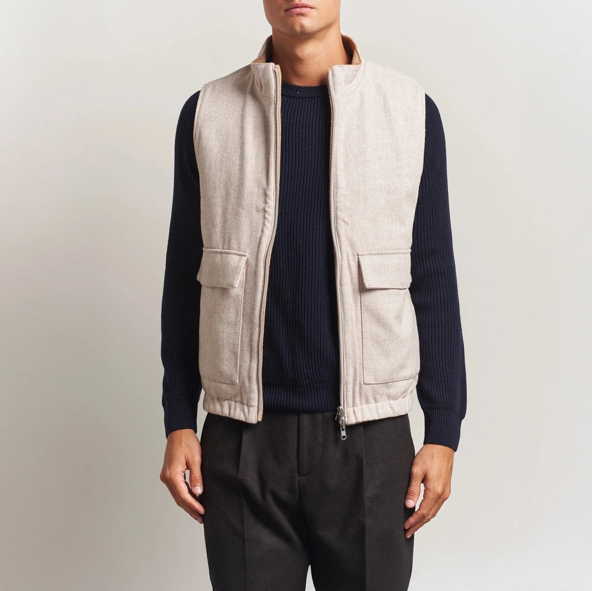Beige/Oatmeal Reversible Wool Full Zip Vest - Stenströms - Image 4