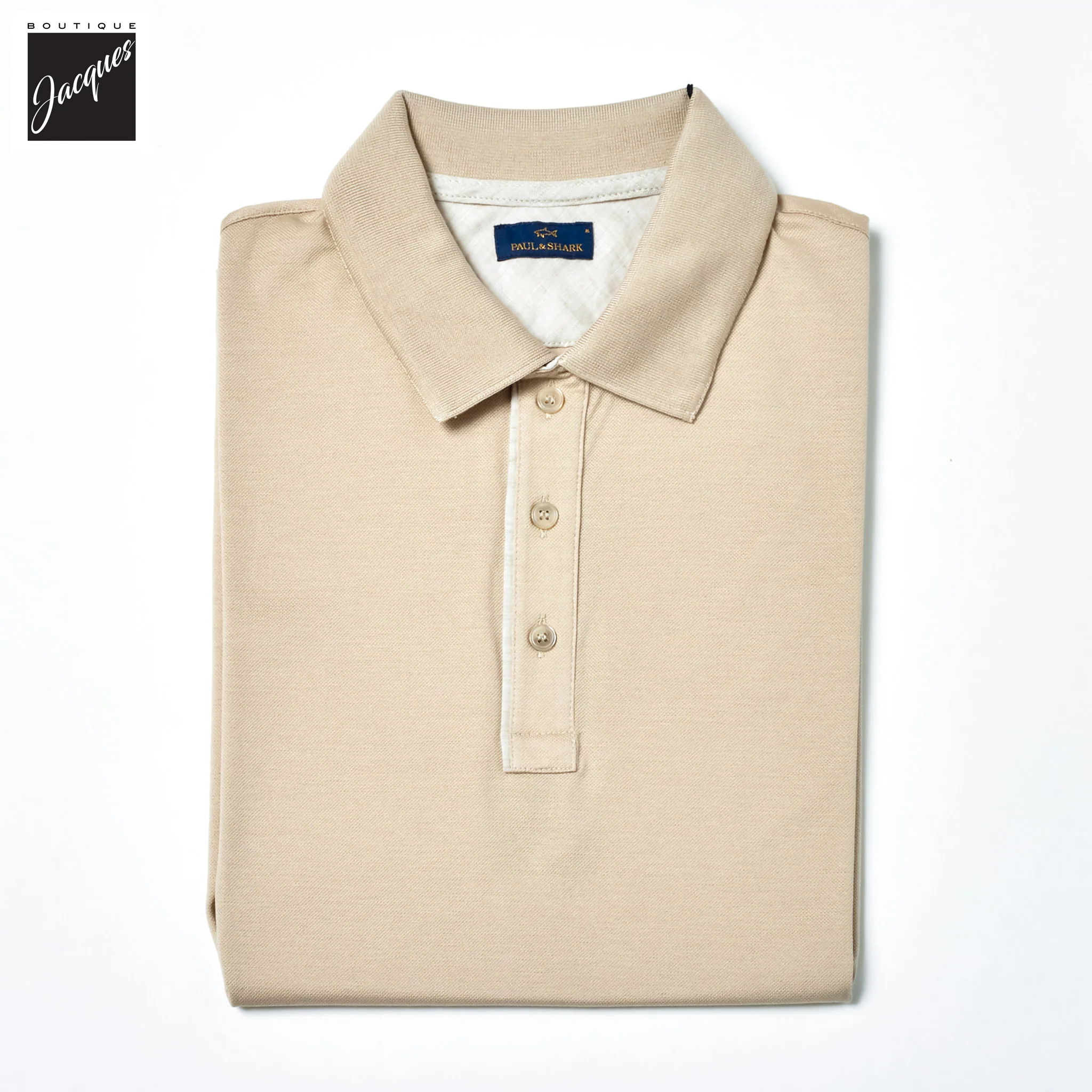 Beige Shark Tag Piqué Cotton Polo with Linen Trims - Paul & Shark - Image 5