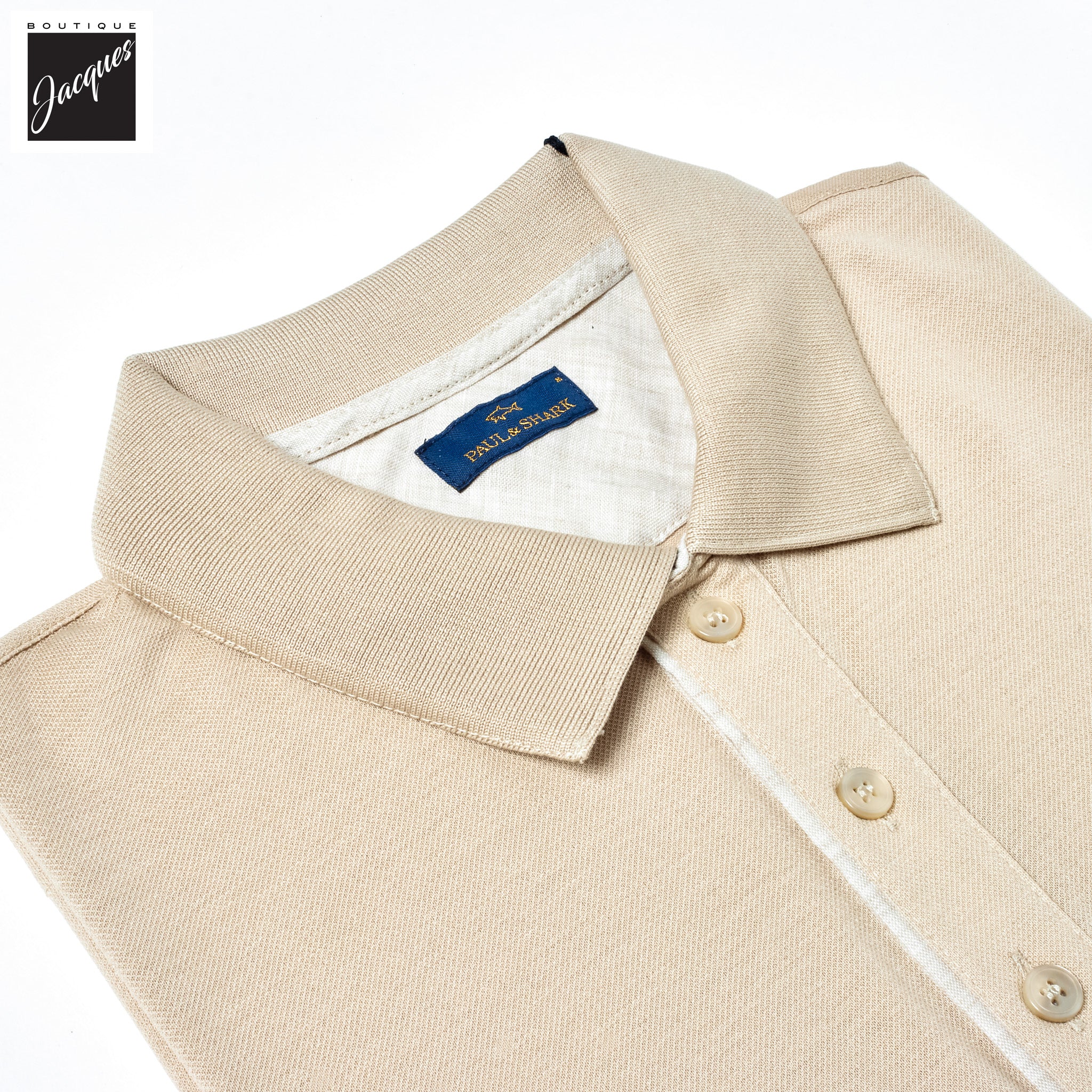 Beige Shark Tag Piqué Cotton Polo with Linen Trims - Paul & Shark - Image 7