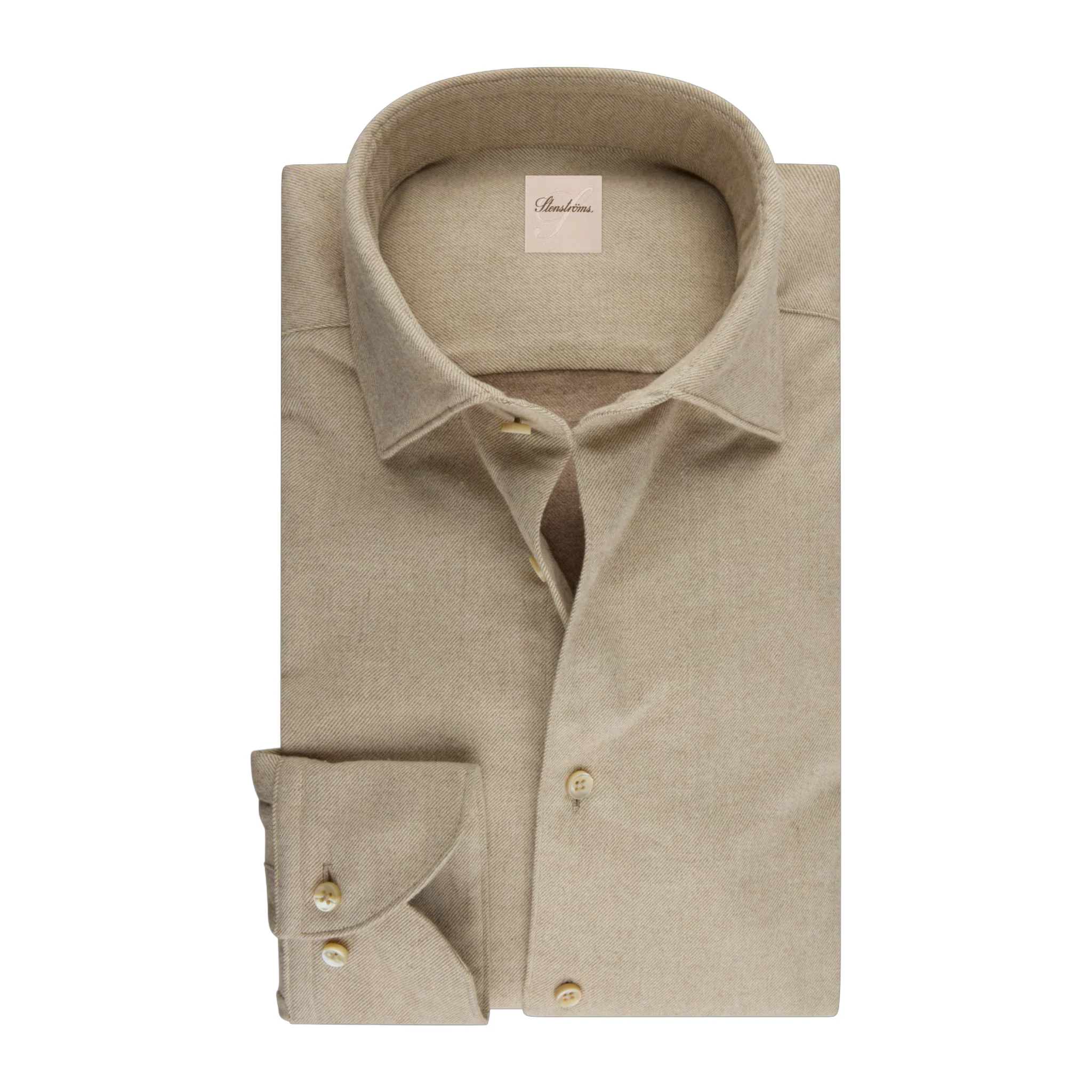 Beige Solid Cotton Flannel Slimline Shirt - Stenströms