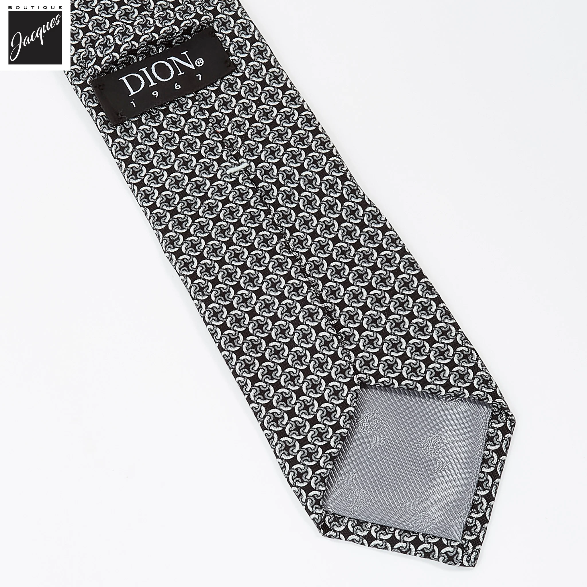 Black & Gray Chain Motif Printed Panama Silk Tie - DION - Image 2