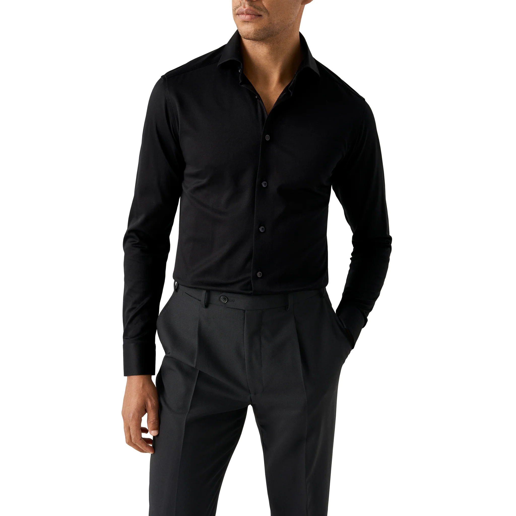 Black Solid Filo Di Scozia Knitted Jacquard Slim Fit Shirt - ETON - Image 4