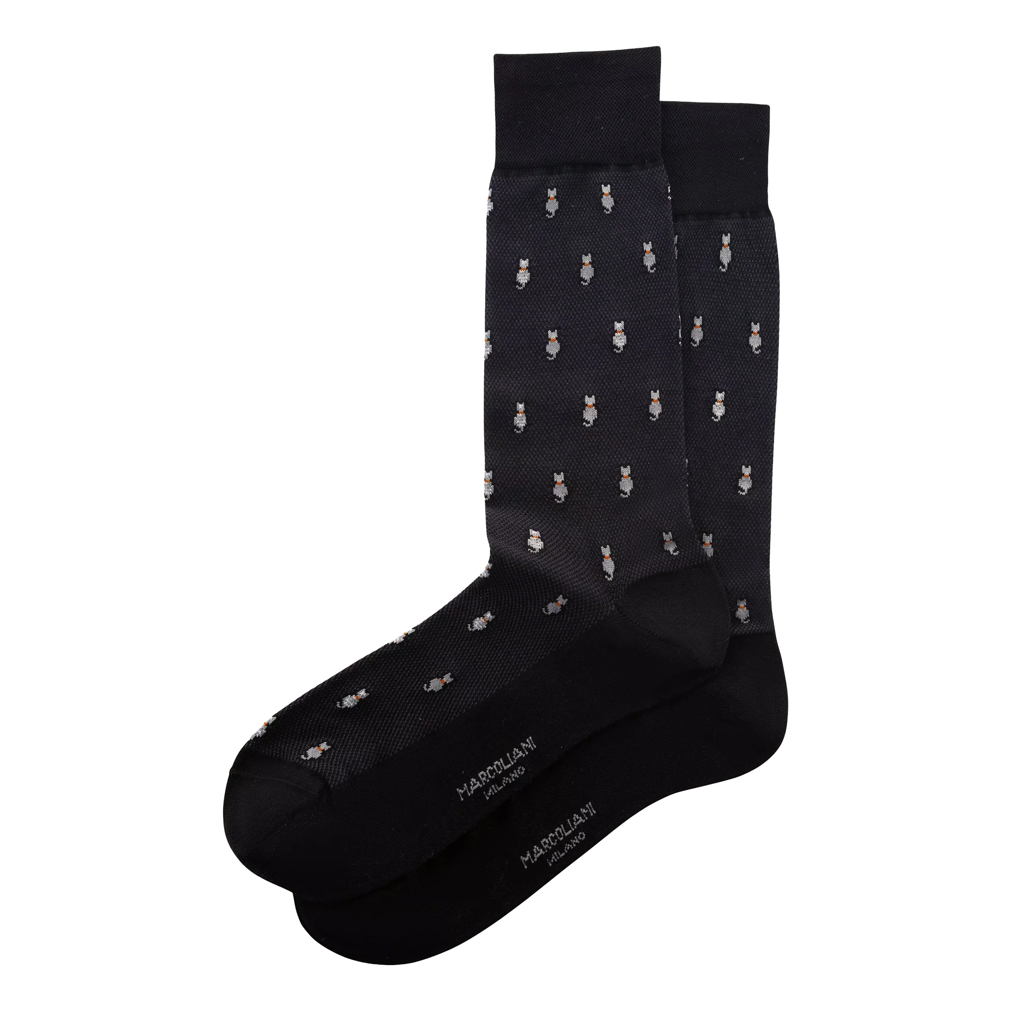 Black Tiny Cat Motif Pima Cotton Mid-Calf Socks - Marcoliani