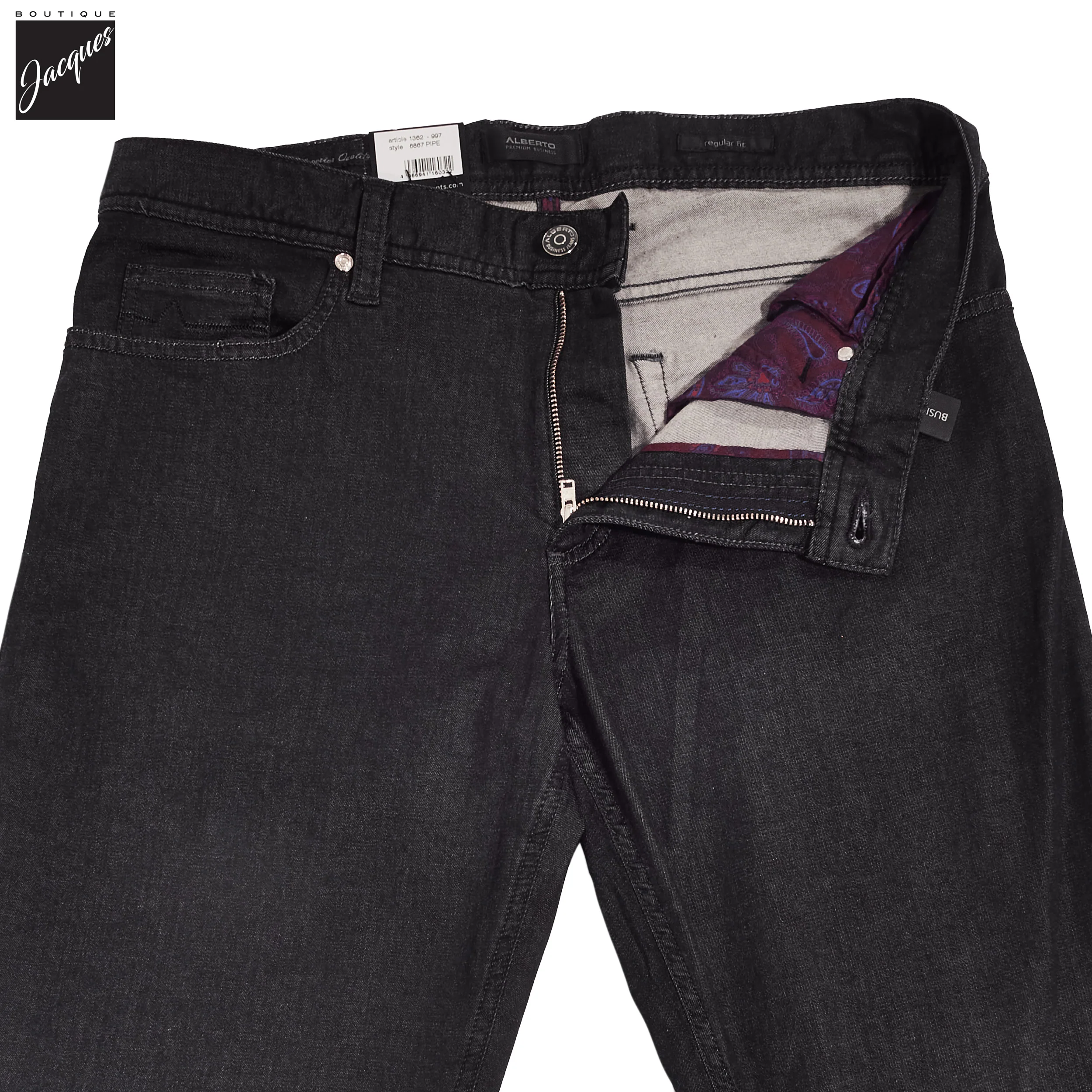 Black Ultralight Super-Stretch Pipe Regular Fit Premium Giza Denim - ALBERTO - Image 3