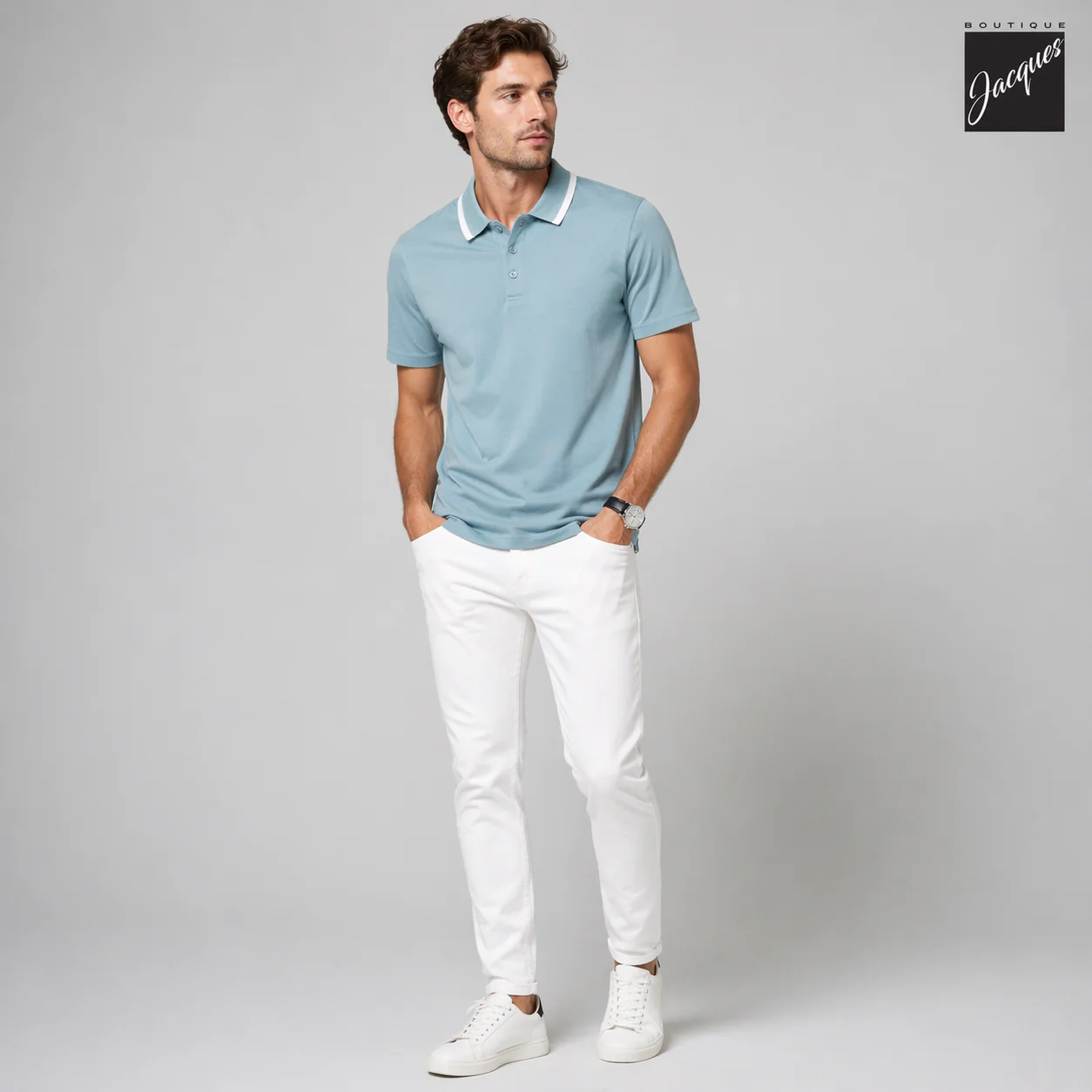 Blizzard Blue Mercerized Pima Cotton Short Sleeve Polo Shirt w/ Trim - Patrick Assaraf