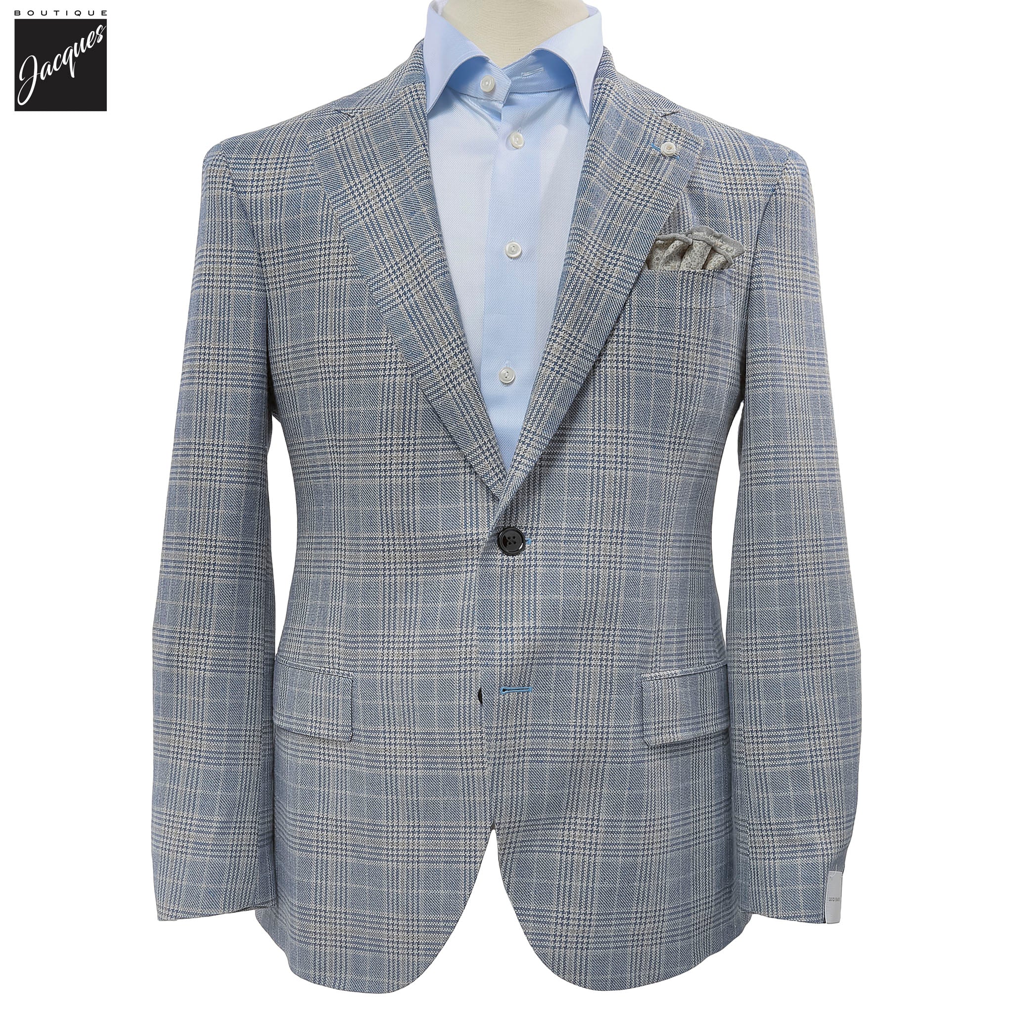 Blue & Beige Prince-of-Wales Silk-Wool Dream Fit Sport Jacket - Luigi Bianchi
