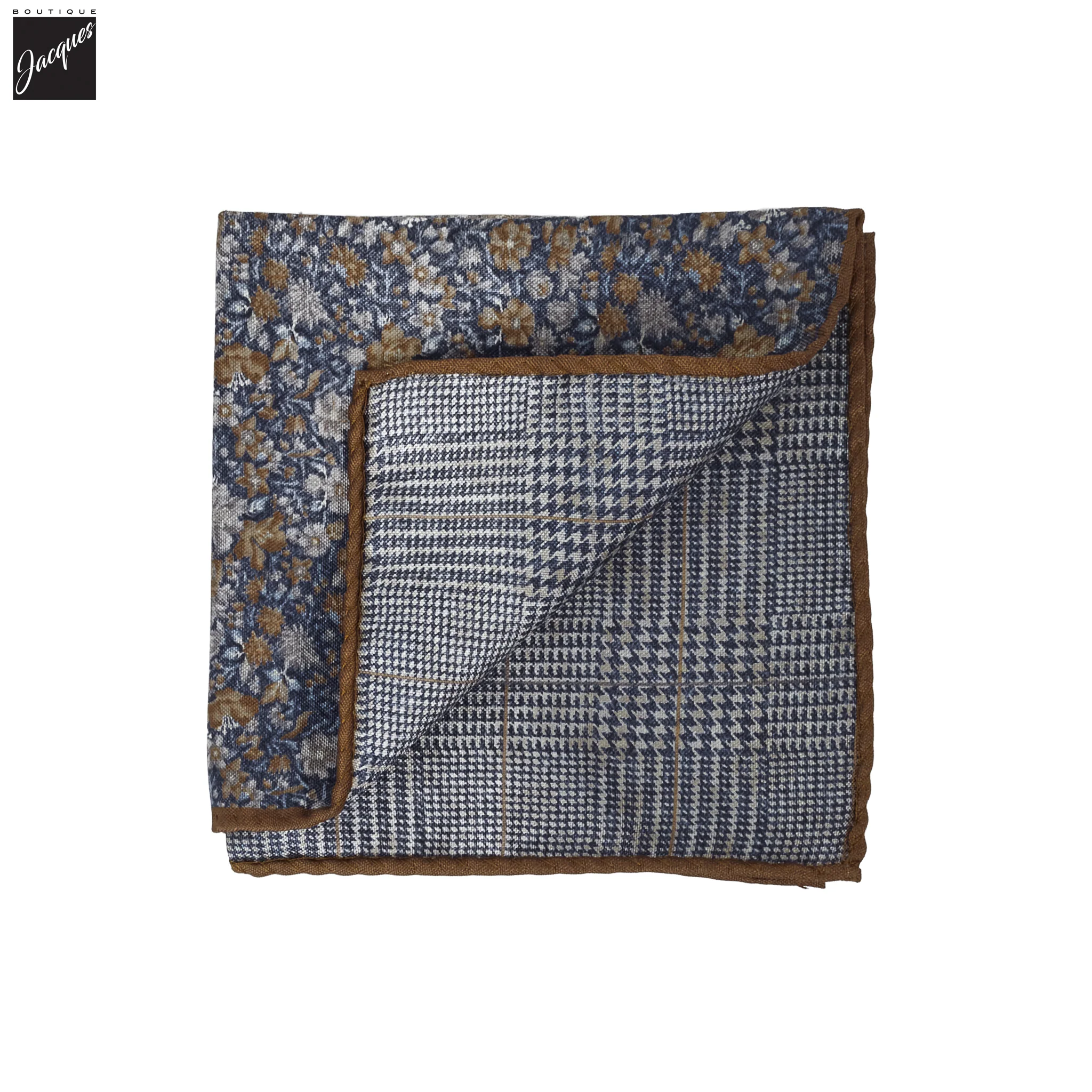Blue & Brown Floral Reversible Silk Pocket Square - DION