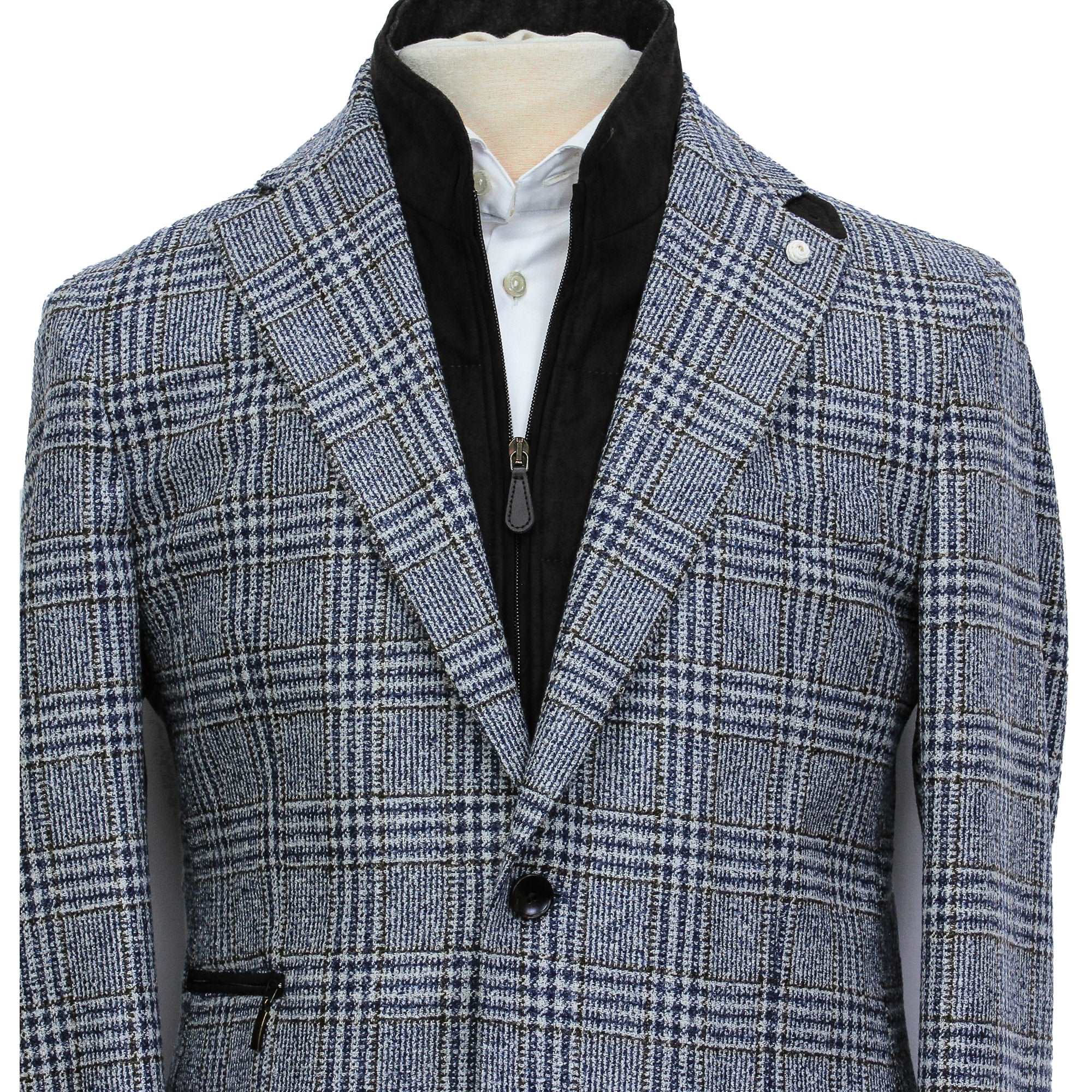 Blue & Brown Prince-of-Wales Wool Hybrid Sport Jacket with Bib - Luigi Bianchi - Image 4