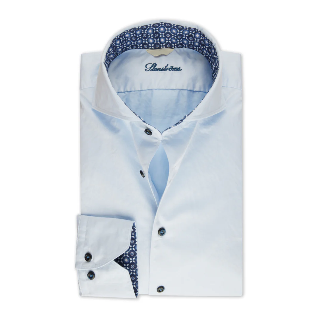 Blue Contrast Trim Cotton Twill Fitted Body Shirt
