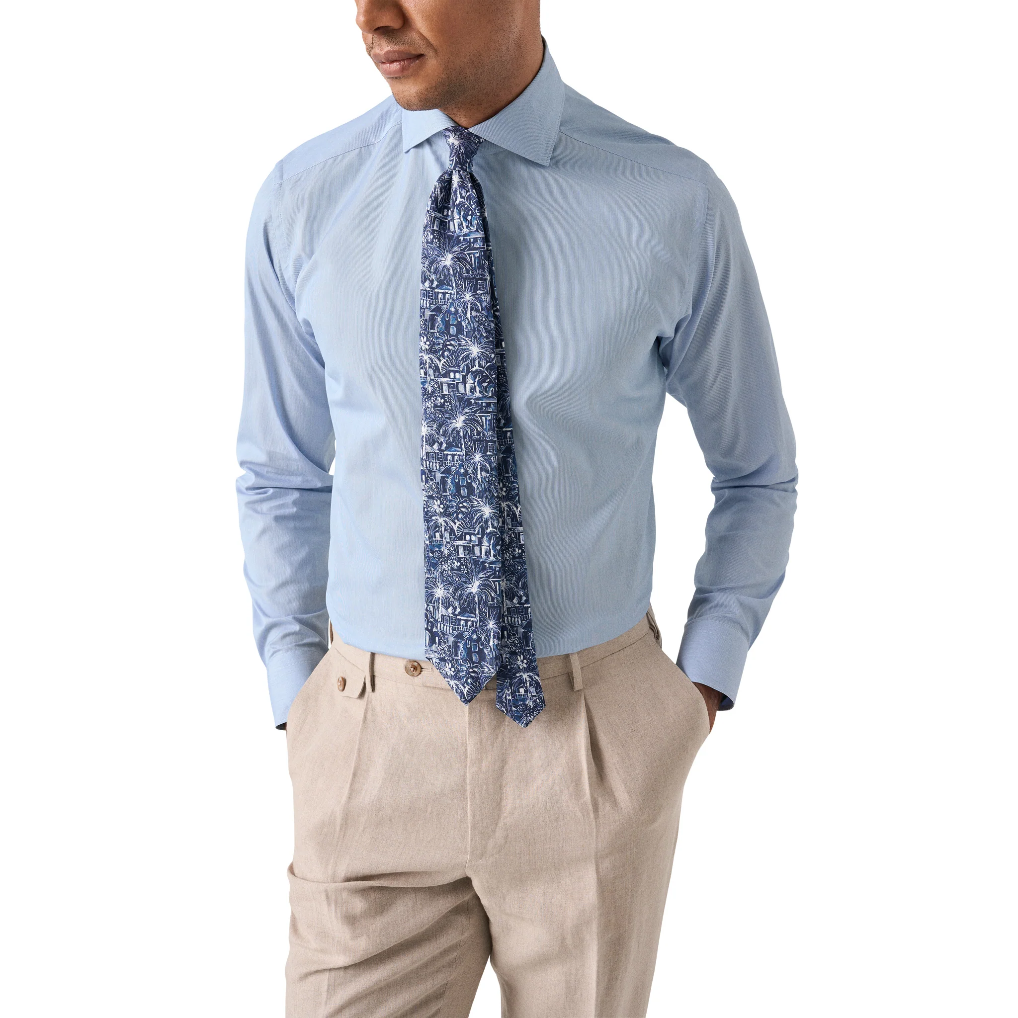 Blue Elevated Cotton-Silk Fine Stripe Slim Fit Dress Shirt - ETON - Image 7
