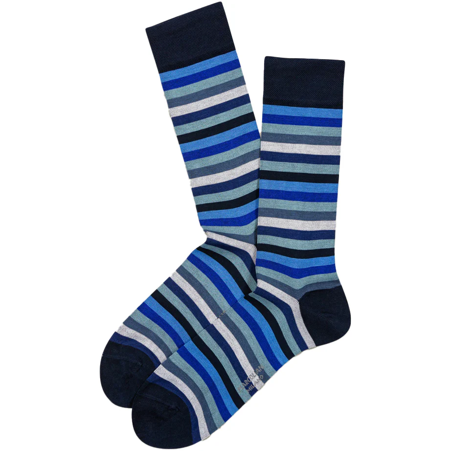 Blue Mix Rainbow Stripe Pima Cotton Mid-Calf Socks - Marcoliani