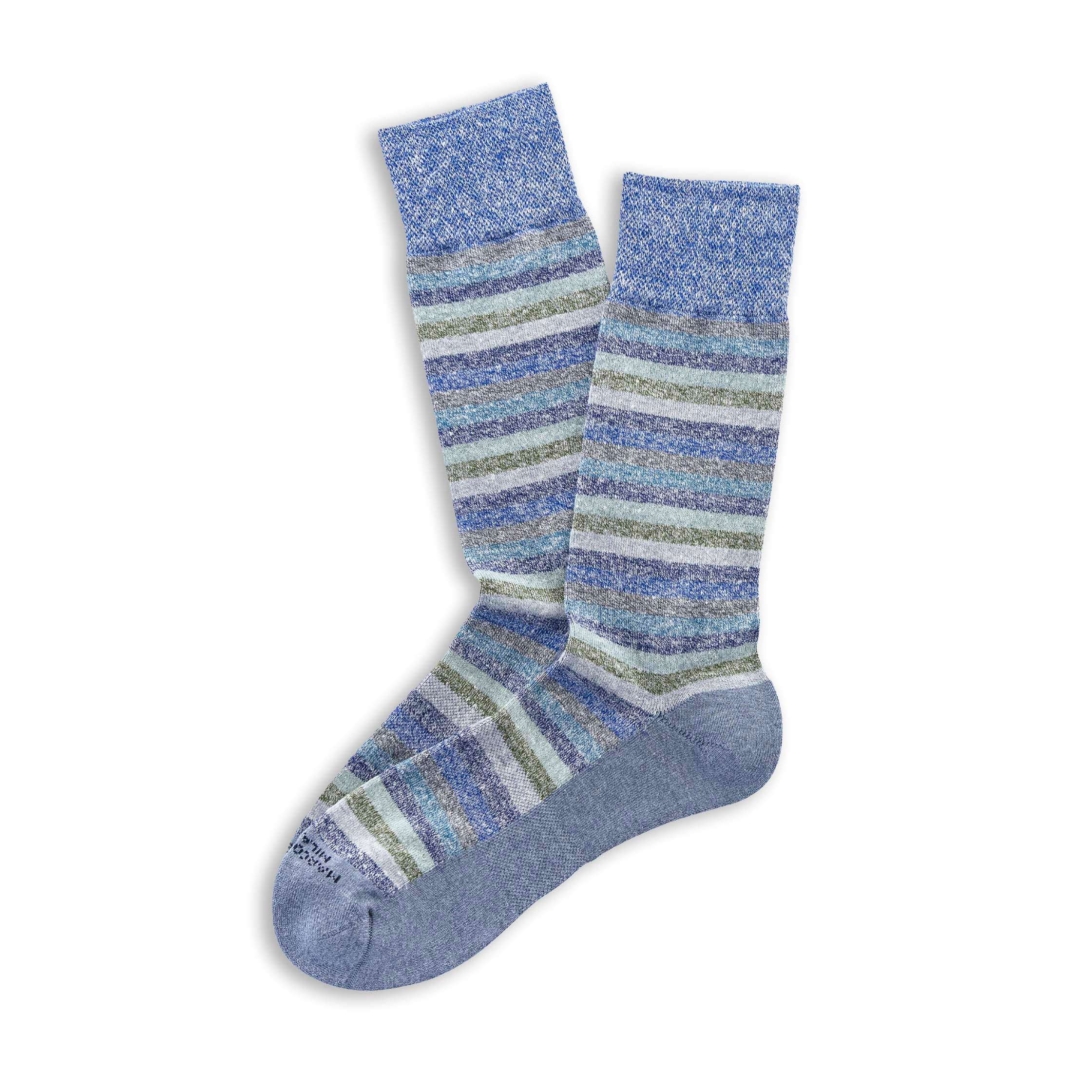 Blue Mix T-Shirt Stripe Linen & Cotton Mid-Calf Sneaker Socks - Marcoliani