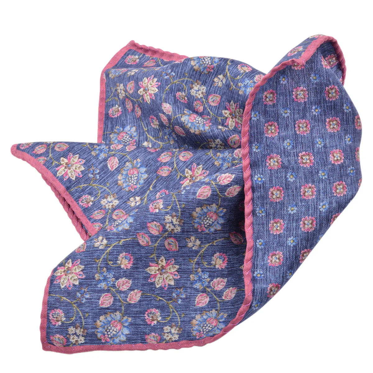 Blue & Pink Floral Reversible Silk Pocket Square - DION - Image 4