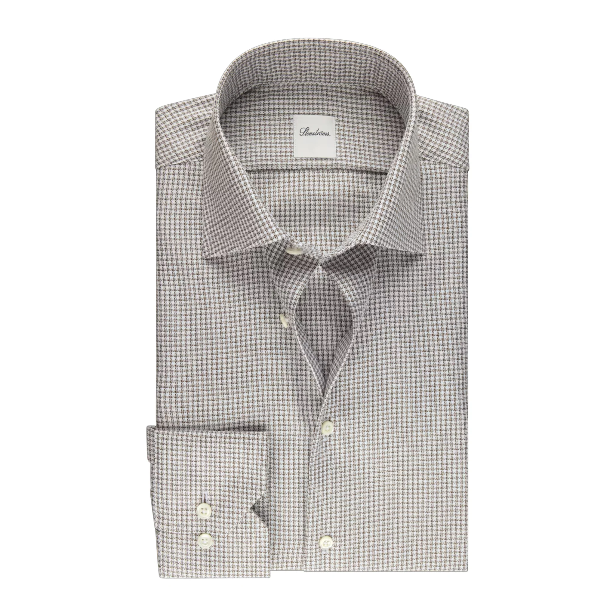 Brown Micro Check Twill Slimline Shirt - Stenströms