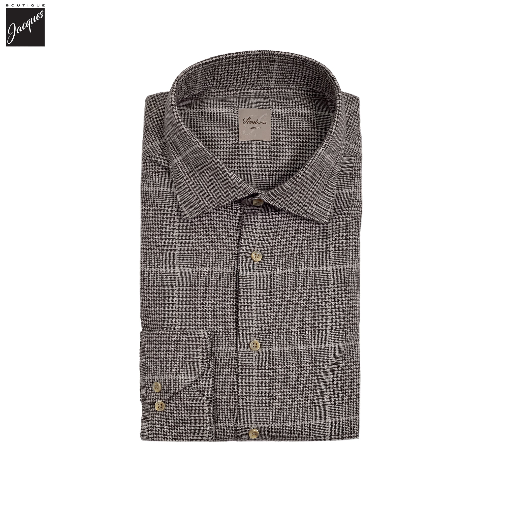 Brown Prince-of-Wales Cotton Flannel Slimline Shirt - Stenströms - Image 3
