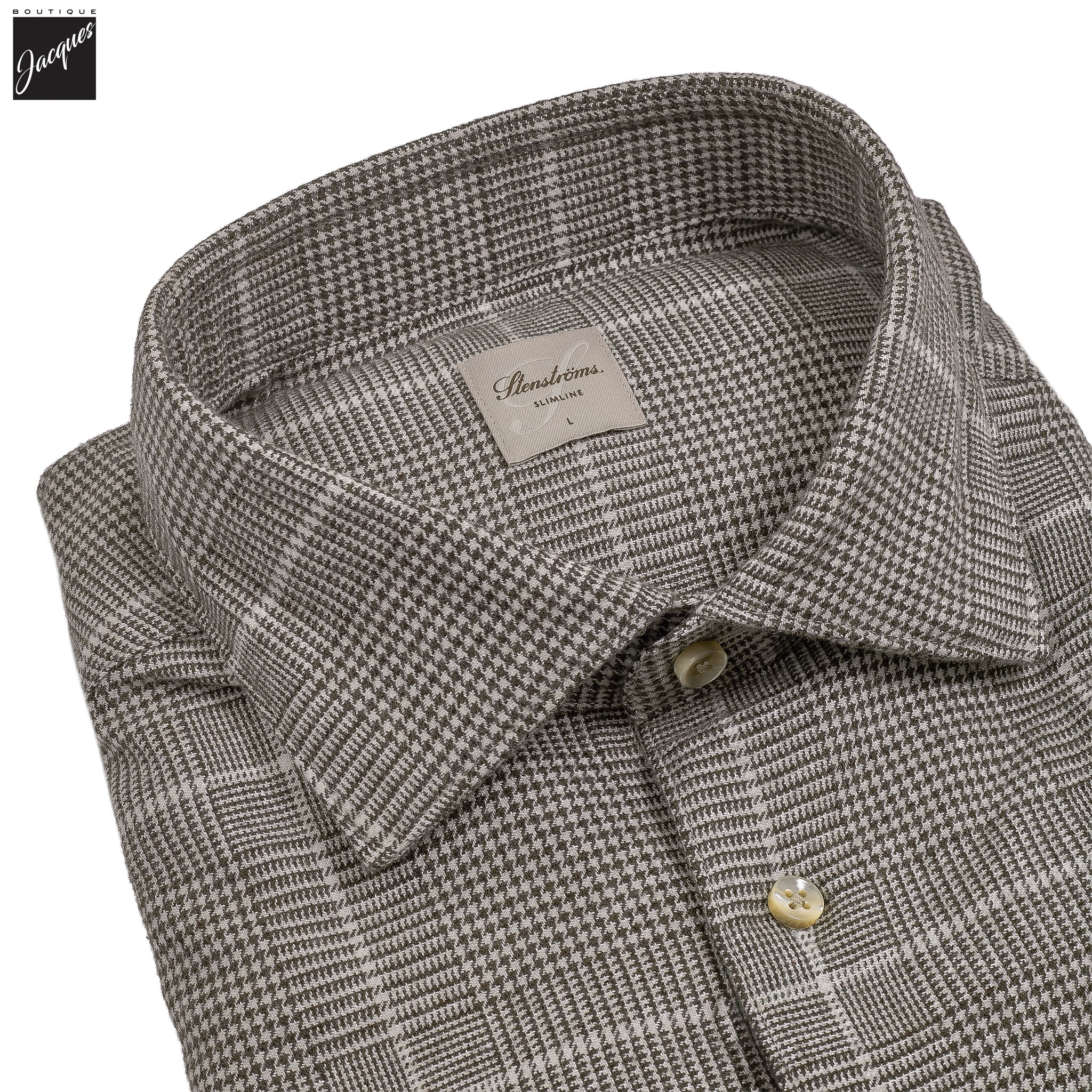 Brown Prince-of-Wales Cotton Flannel Slimline Shirt - Stenströms - Image 4