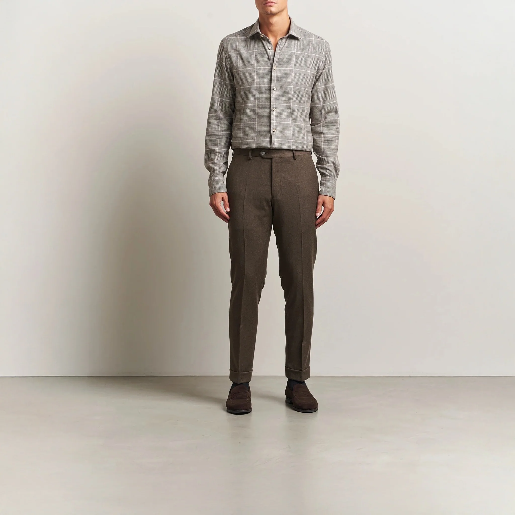 Brown Prince-of-Wales Cotton Flannel Slimline Shirt - Stenströms - Image 7