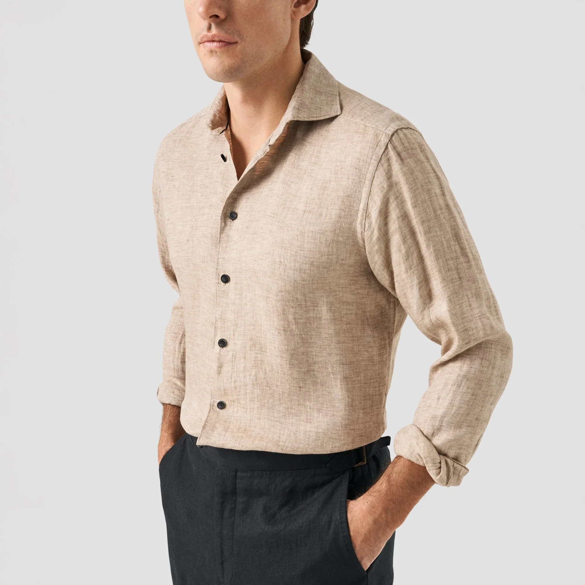 Brown Solid Linen Twill Slim Fit Shirt - ETON - Image 4