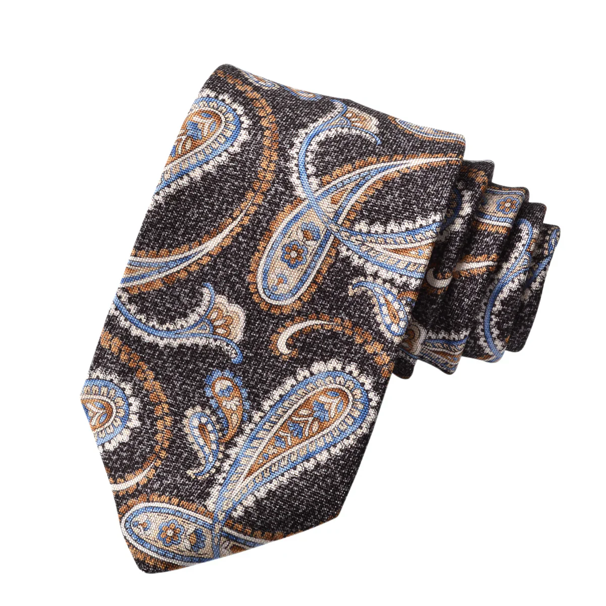 Charcoal Gray Mélange Paisley Printed Panama Silk Tie - DION