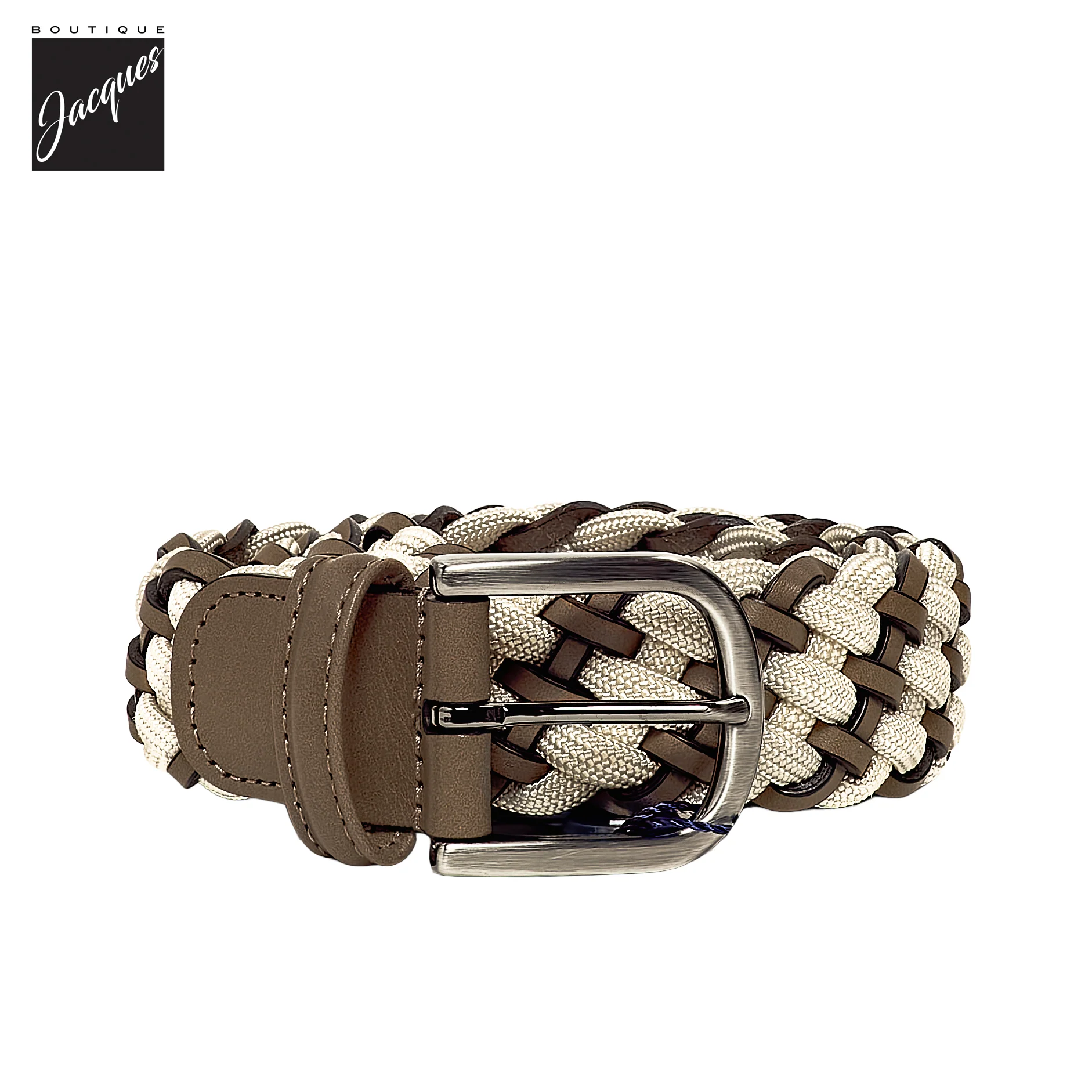 Cream Braided Elastic Belt with Brown Leather Accents - Anderson's