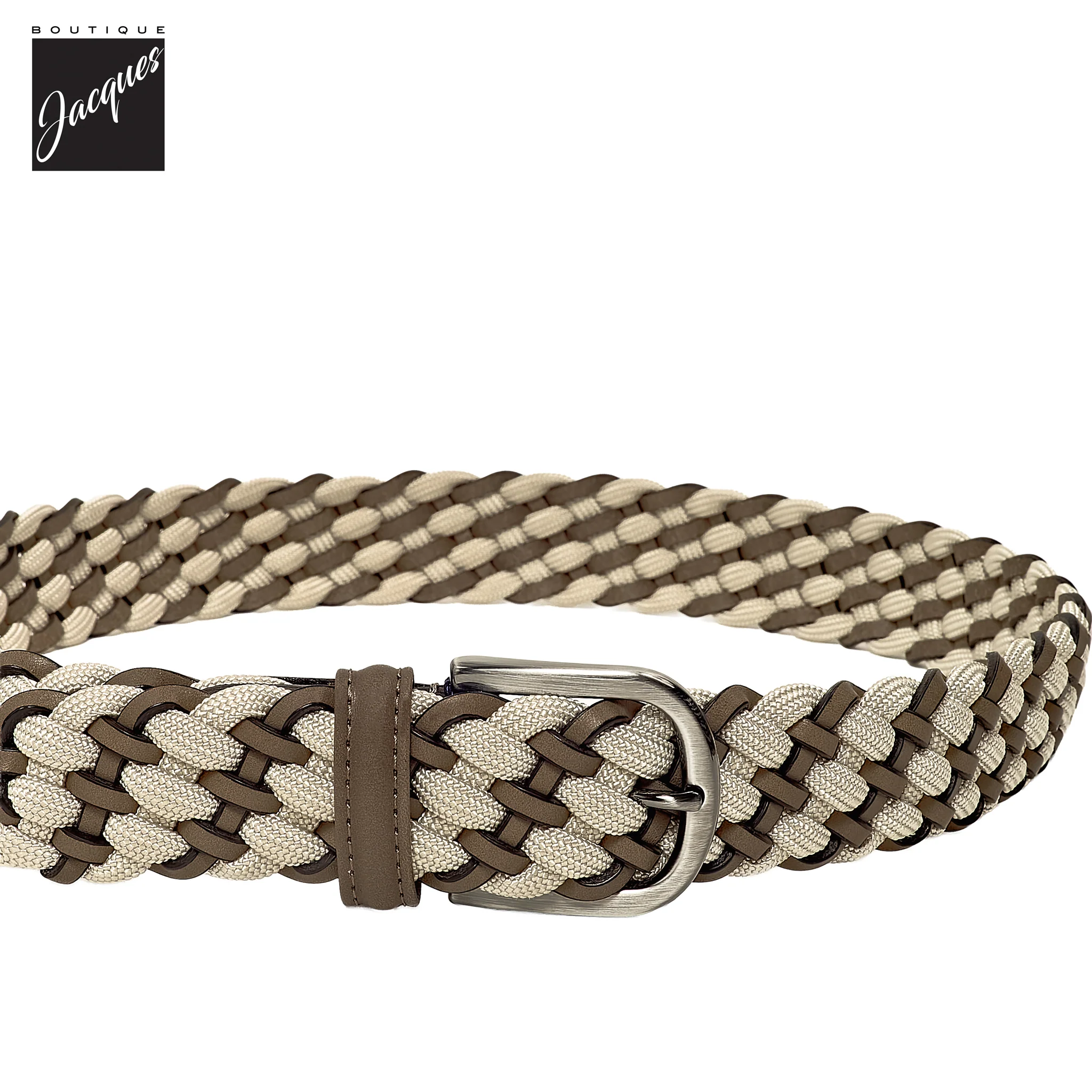 Cream Braided Elastic Belt with Brown Leather Accents - Anderson's - Image 2