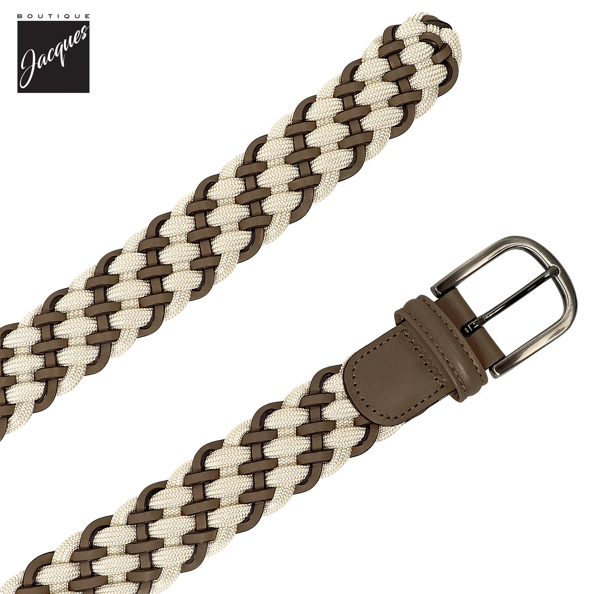 Cream Braided Elastic Belt with Brown Leather Accents - Anderson's - Image 3