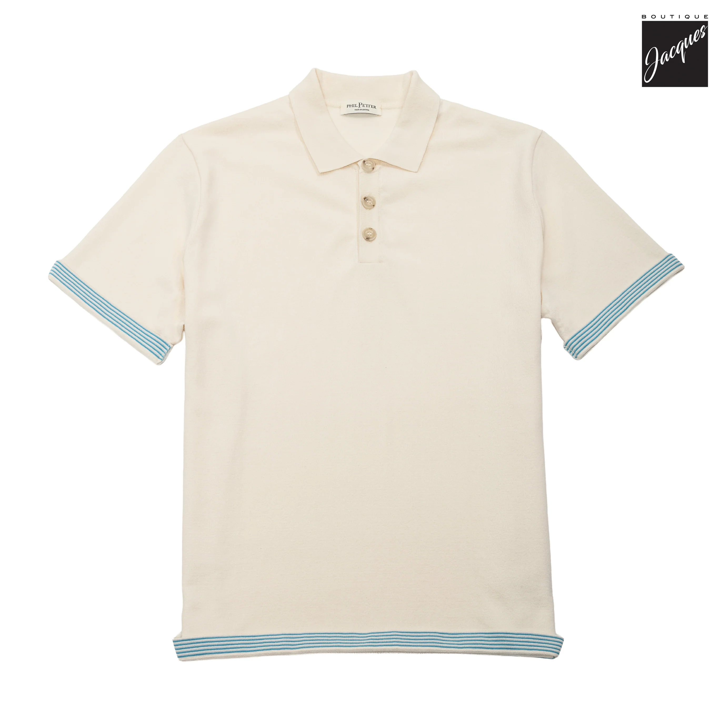 Cream Viscose-Stretch Knit Polo with Striped Contrast Details - Phil Petter - Image 4