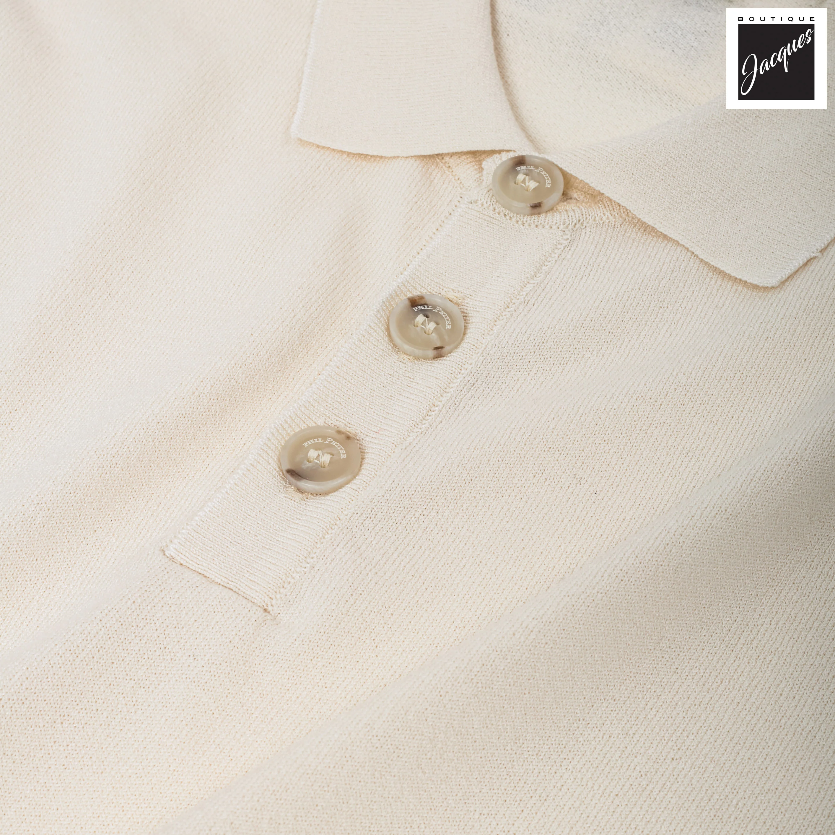 Cream Viscose-Stretch Knit Polo with Striped Contrast Details - Phil Petter - Image 7