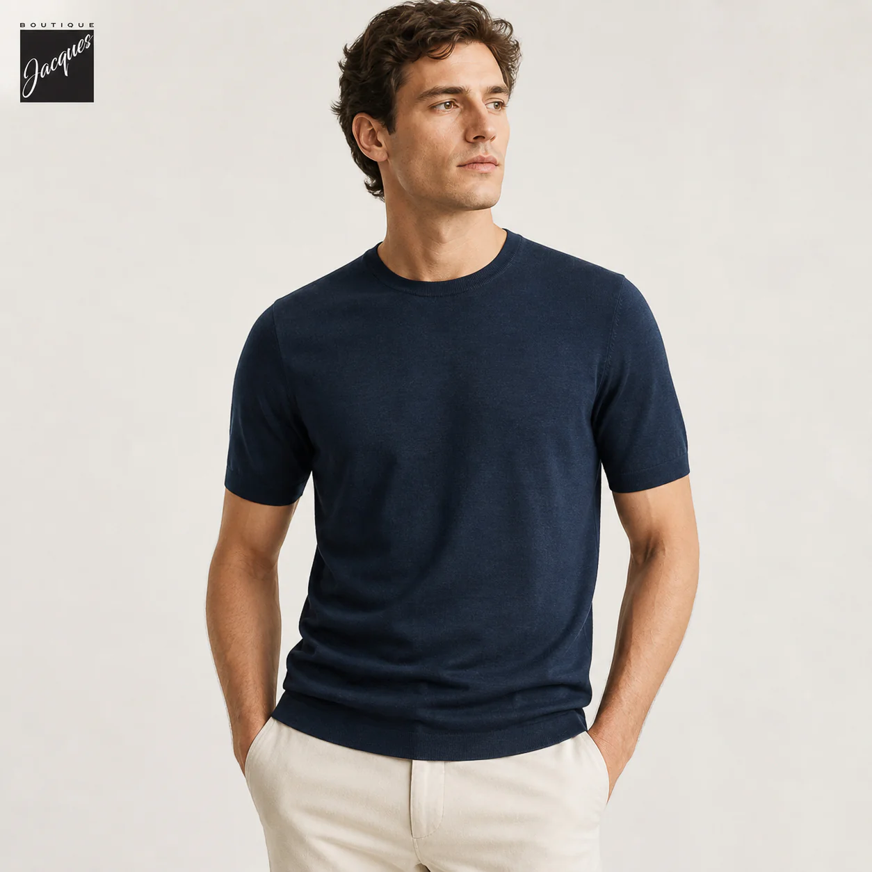 Dark Aviator Blue Cotton Silk Knit Short Sleeve Wellington Crewneck - Jack Victor