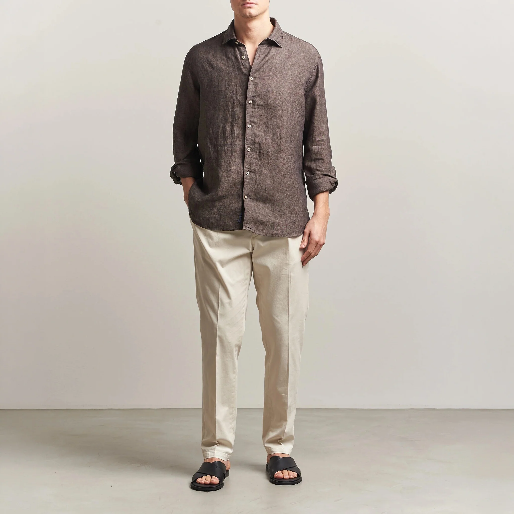 Dark Brown Linen Slimline Casual Shirt - Stenströms - Image 6