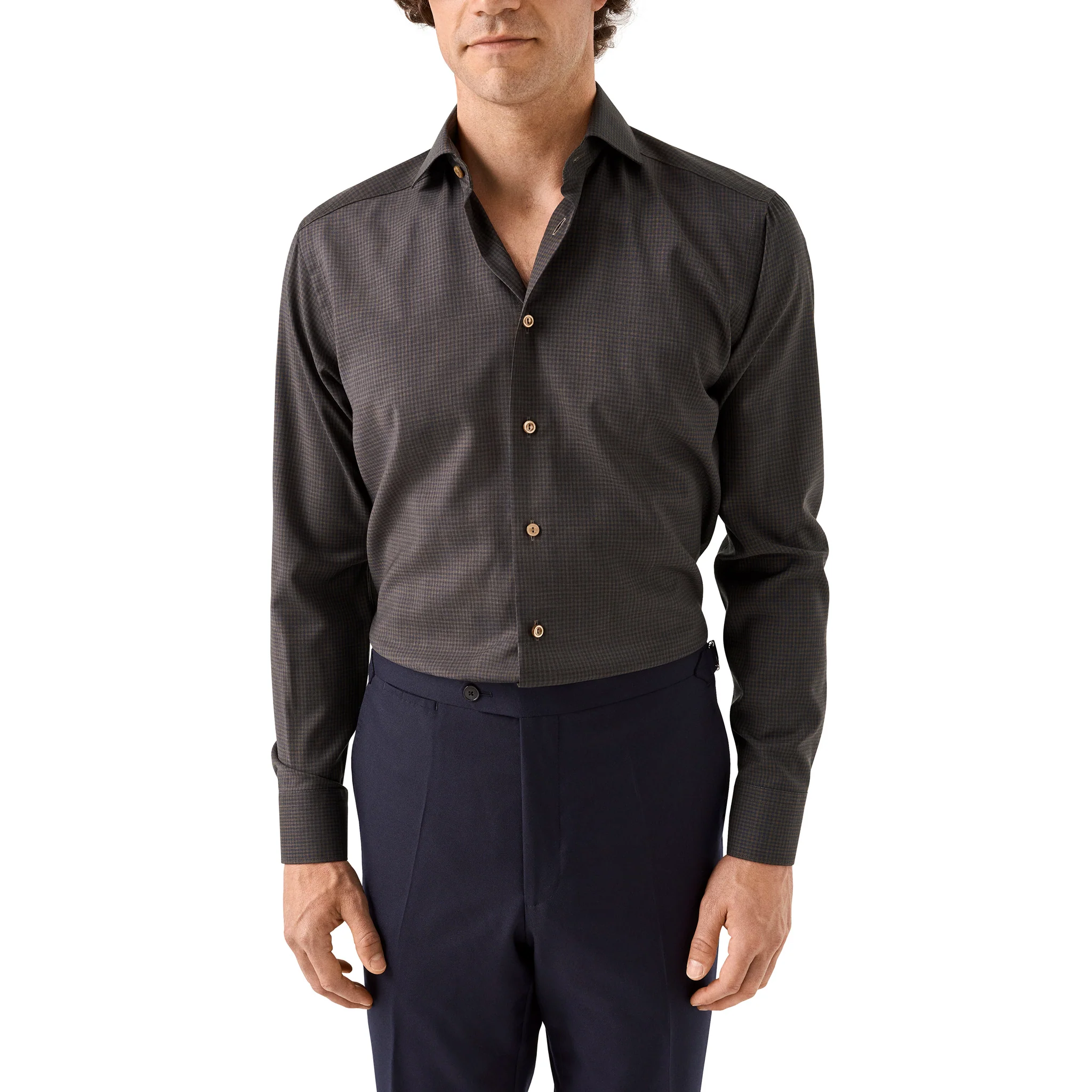 Dark Brown Micro Check Merino Wool Slim Fit Shirt - ETON - Image 4