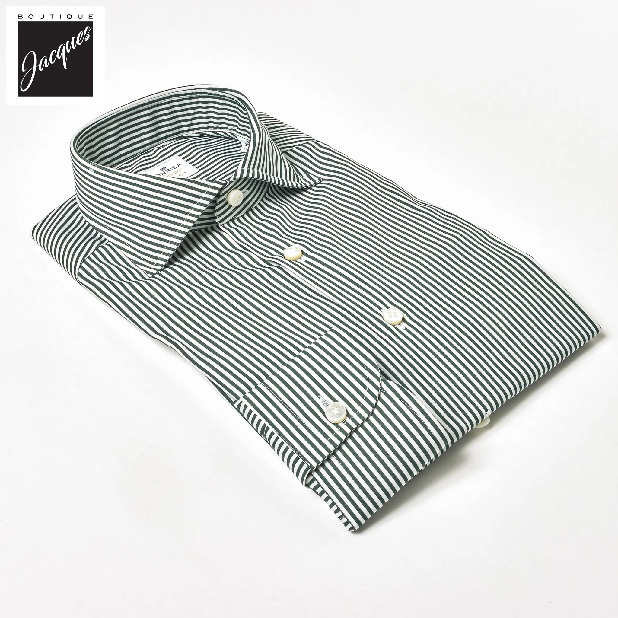 Dark Green Striped Superior Cotton Modern Fit Dress Shirt - SONRISA - Image 3