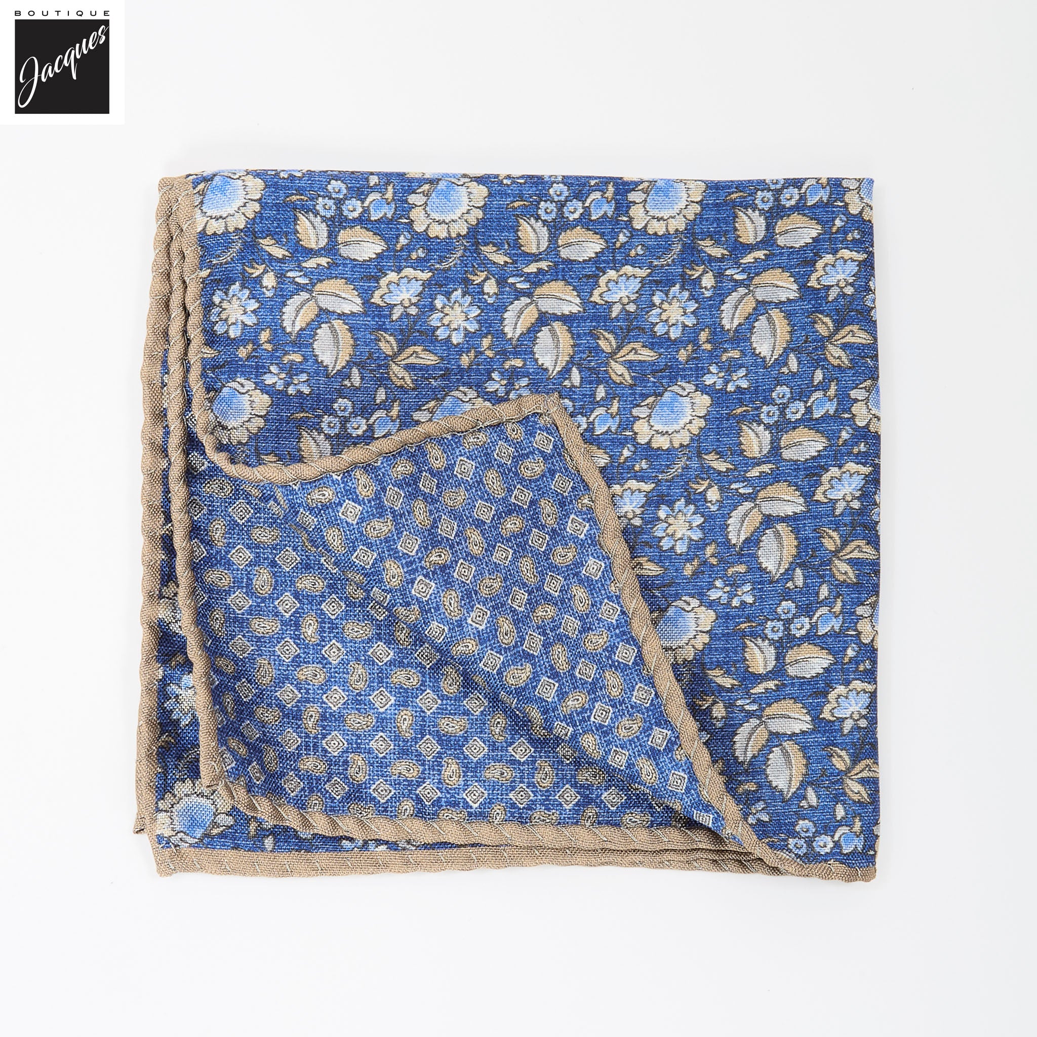 Denim Blue Floral/Micro-Paisley Reversible Silk Pocket Square - DION