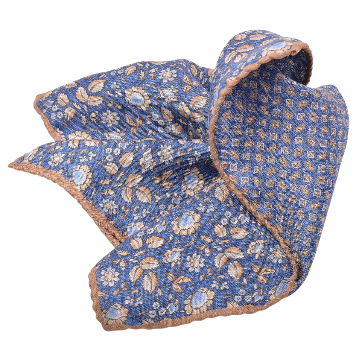 Denim Blue Floral/Micro-Paisley Reversible Silk Pocket Square - DION - Image 4