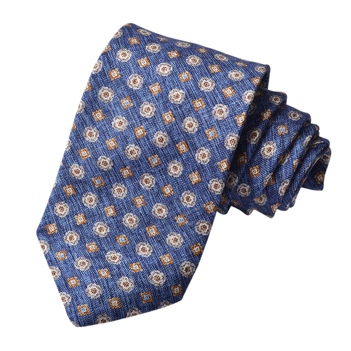 Denim Blue Mélange Medallion Printed Panama Silk Tie - DION - Image 3
