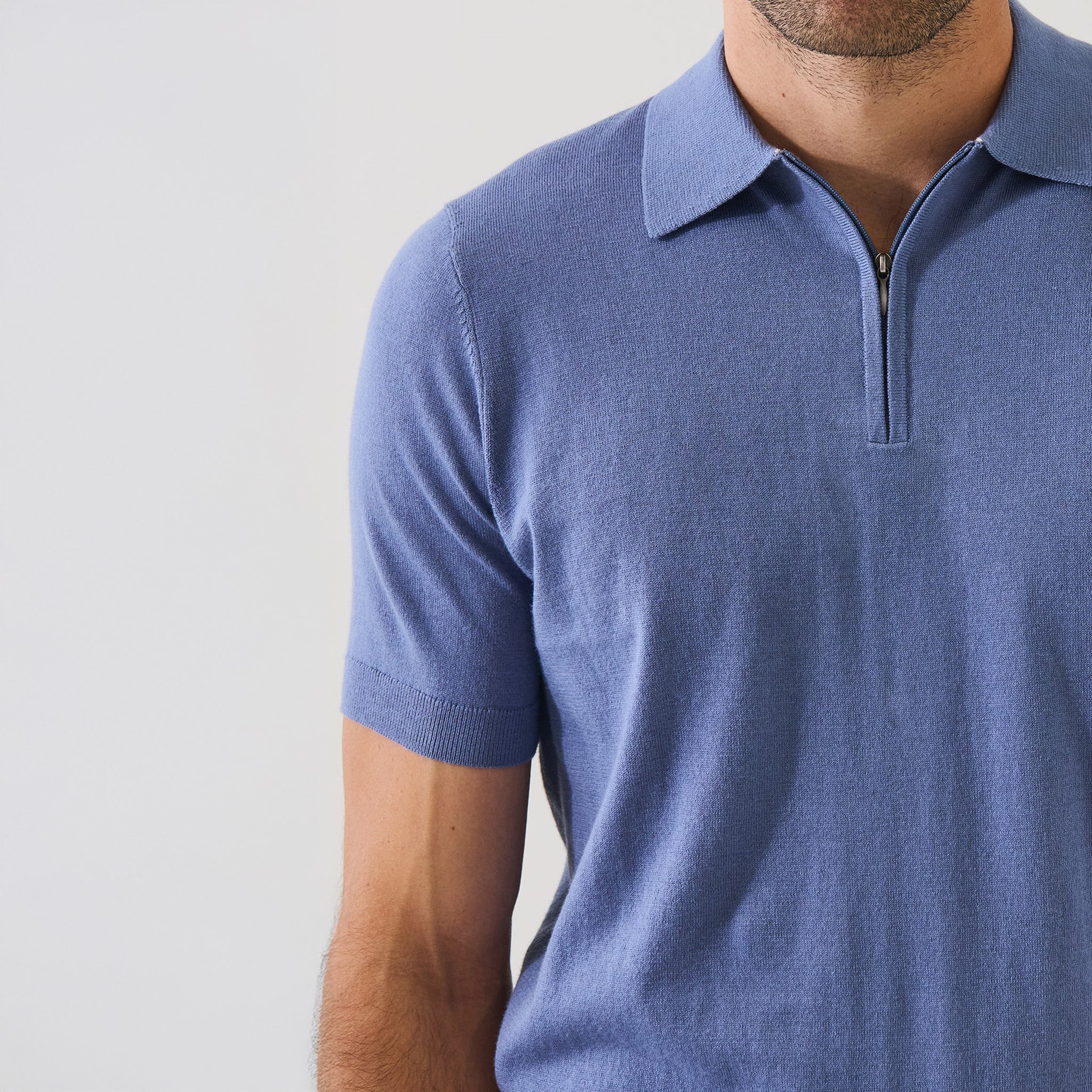 Dusky Blue Cotton Cashmere Zip Polo - Patrick Assaraf - Image 3