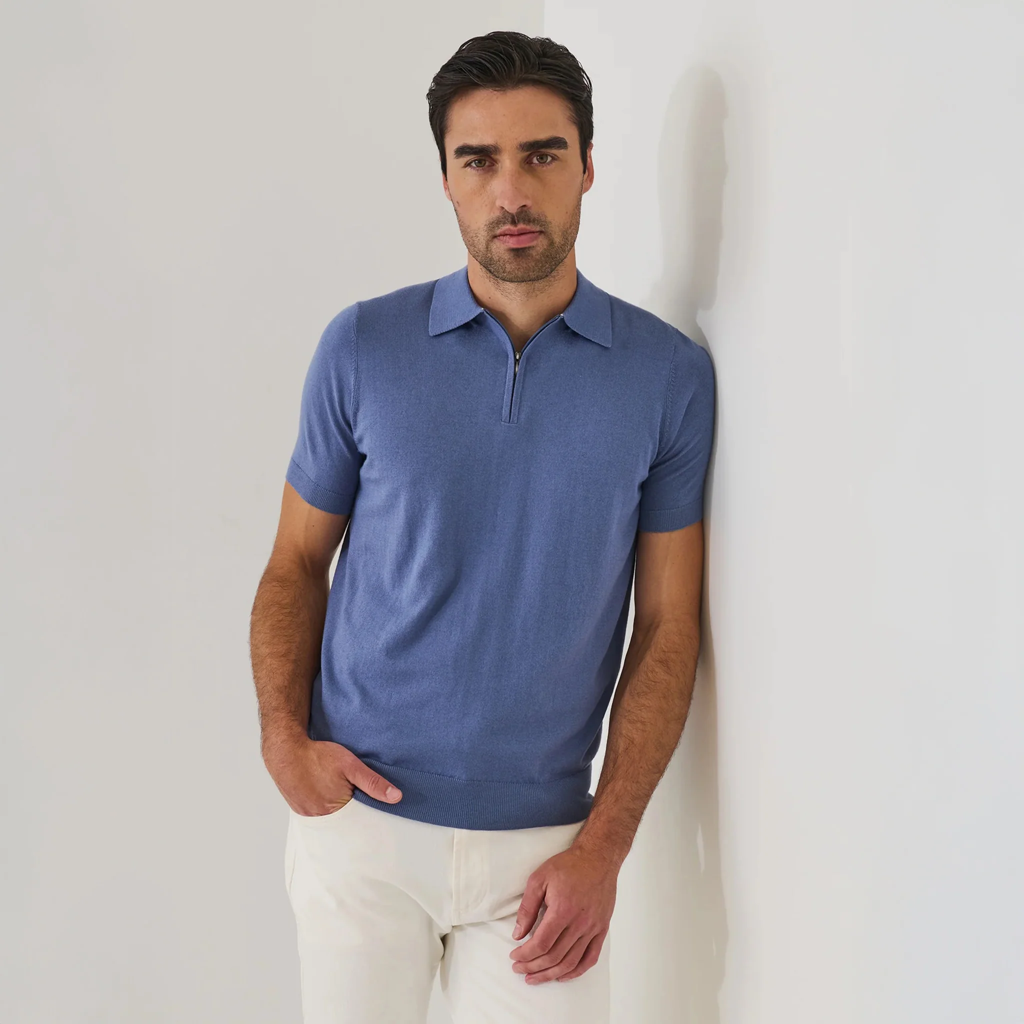 Dusky Blue Cotton Cashmere Zip Polo - Patrick Assaraf - Image 5