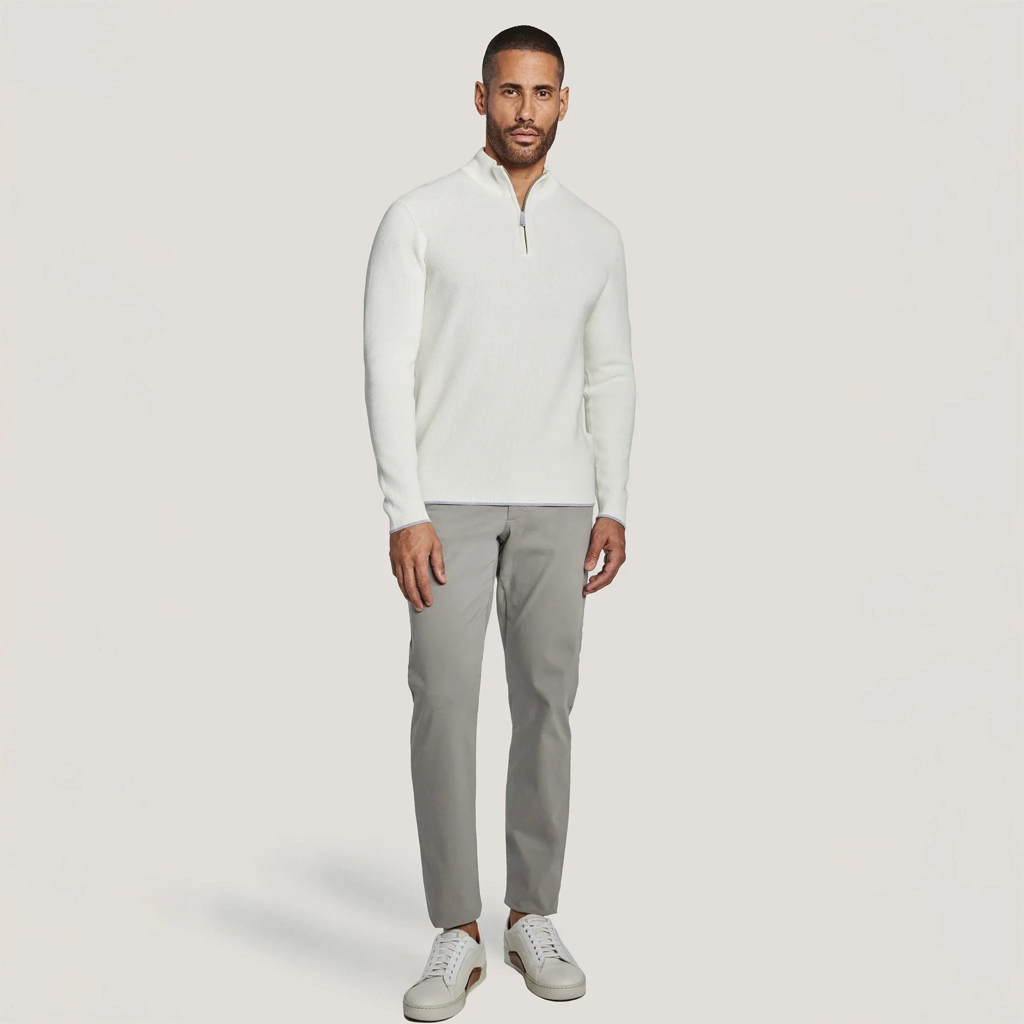Ecru Solid Quarter Zip Cotton Sweater - Jack Victor - Image 3
