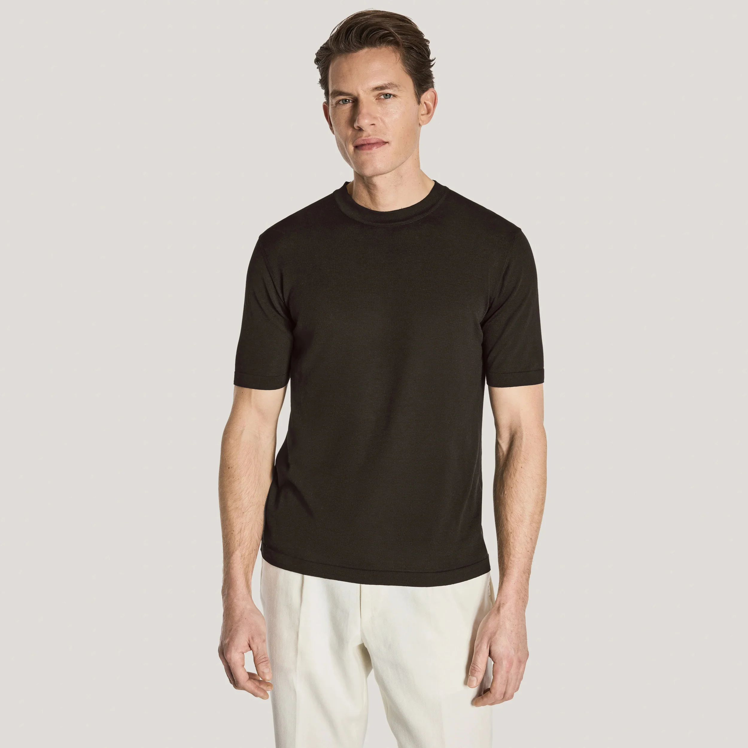 Espresso Brown Cotton Silk Knit Short Sleeve Wellington Crewneck - Jack Victor
